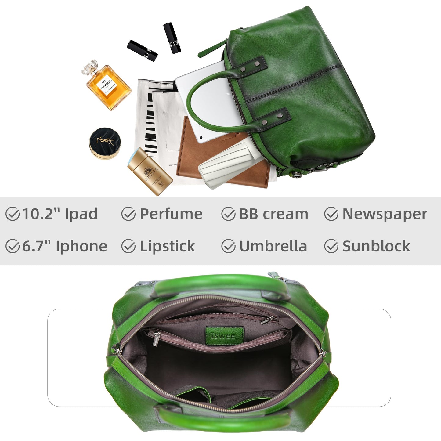 Iswee Satchel Bags Retro Leather Purses for Women Handbags Shoulder Bags Luxury Tote Hobo Cross Body Work Doctor Bag Pocketbooks (Green)