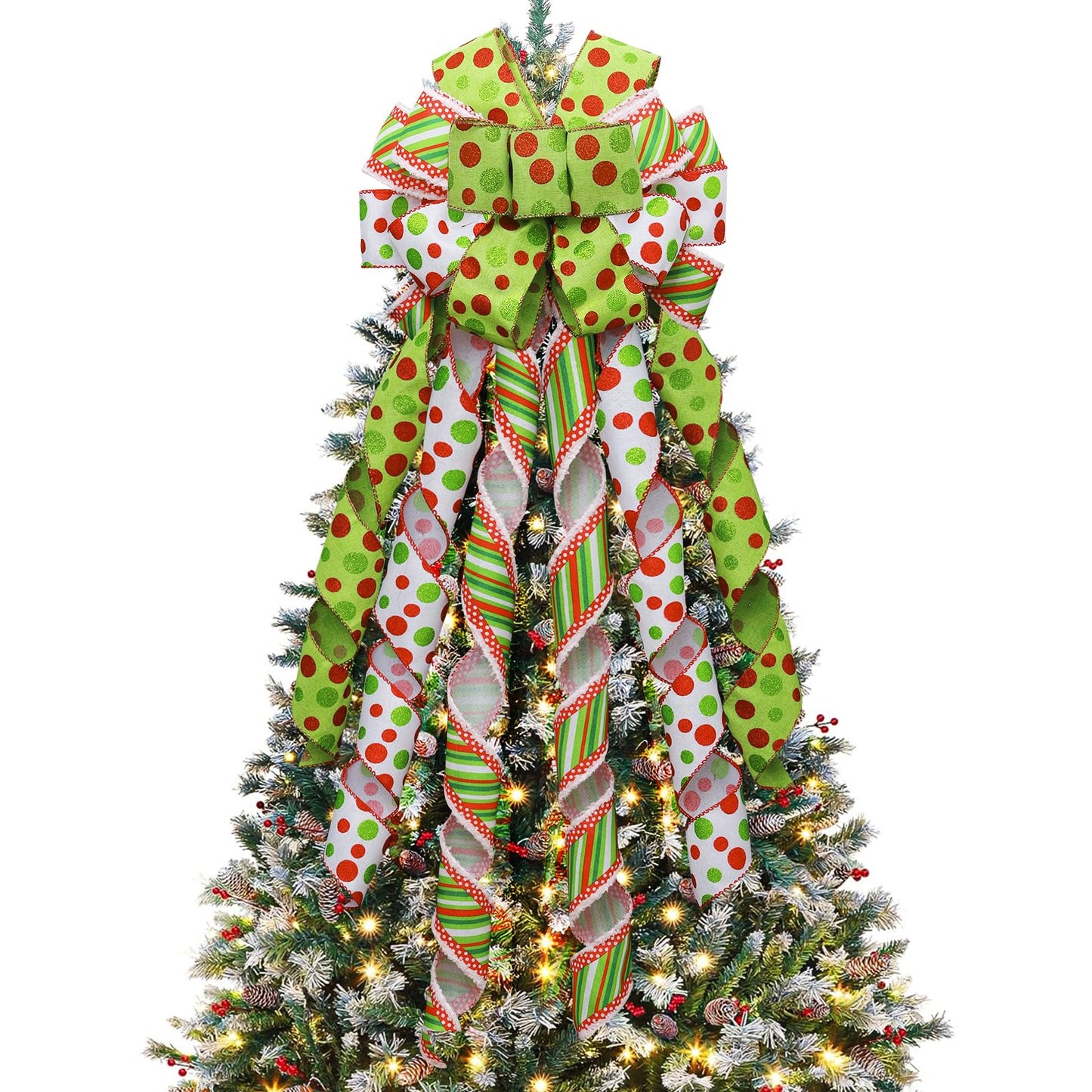 Fvviia Christmas Tree Topper Wreath Large Green Christmas Bow Tree Topper, Red Green Dot Polyester Gift Bow for Xmas Ornament Holiday Handmade Home Wedding Indoor/Outdoor Decoration-13 x 45 Inch