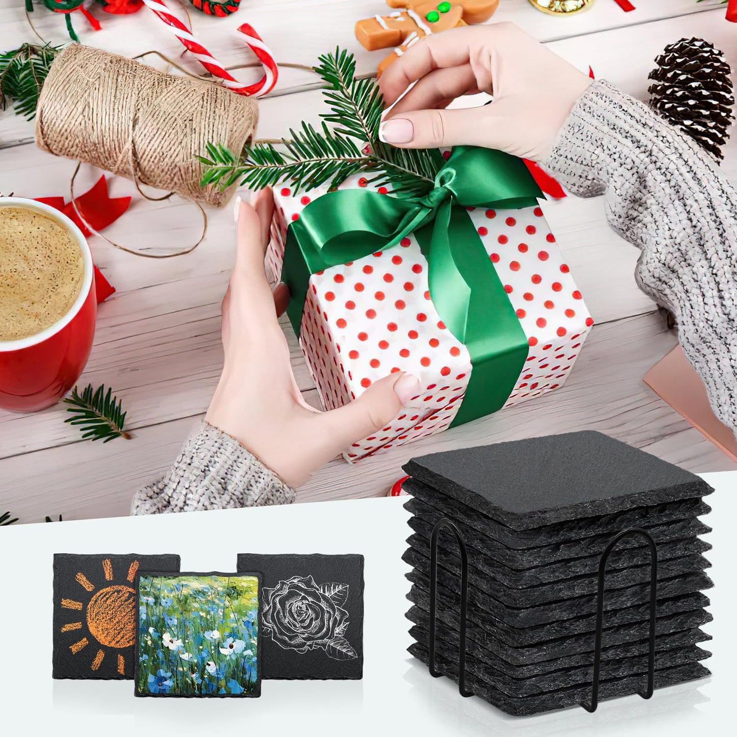 4 PCS Square Slate Drink Coasters Set, SIJDIEE 4 Inch Laser Engraving Black Slate Stone Coasters with Anti-Scratch Bottom and Coaster Holder for Office Bar Kitchen Home Dinner Table Decor Supplies