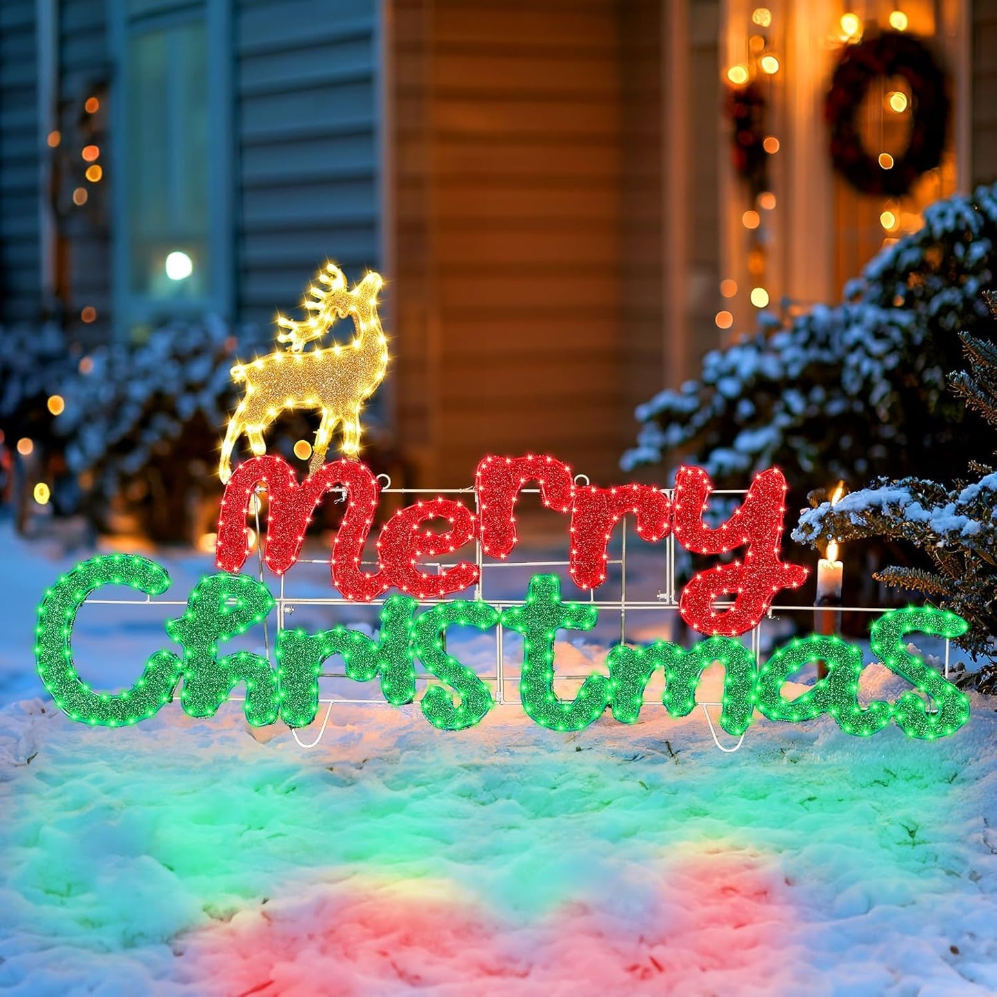 Brightown 4.9FT Merry Christmas Sign Decoration Outdoor, Lighted Merry Christmas Sign with Reindeer, Xmas Neon Lighted Sign for Outside Indoor Front Door Window Wall Hanging Lighted Holiday Displays