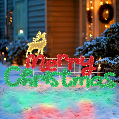 Brightown 4.9FT Merry Christmas Sign Decoration Outdoor, Lighted Merry Christmas Sign with Reindeer, Xmas Neon Lighted Sign for Outside Indoor Front Door Window Wall Hanging Lighted Holiday Displays