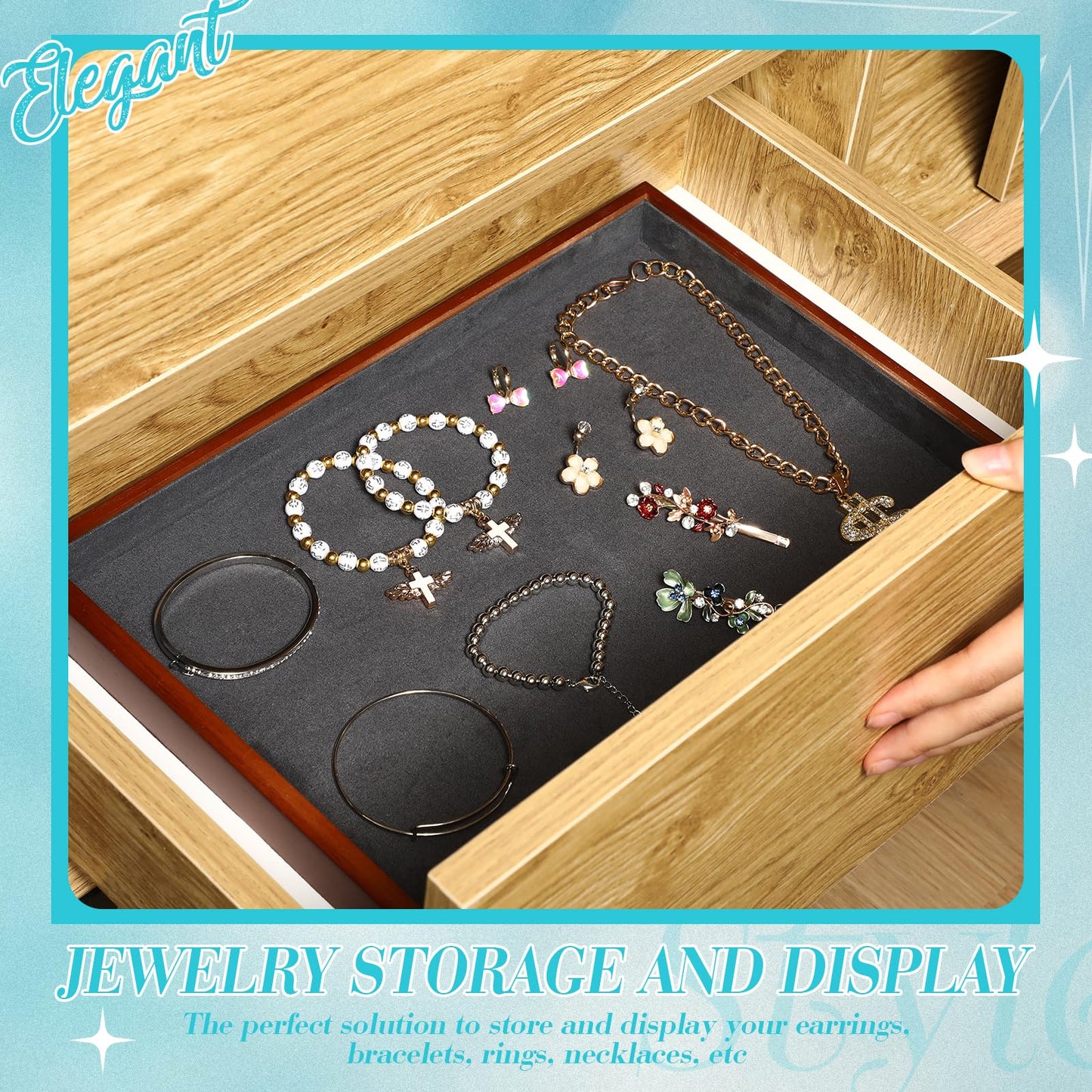 CroBlissful 2 Pcs Solid Wood Flat Jewelry Tray Stackable Jewelry Drawer Organizer Showcase Display Organizer Tray