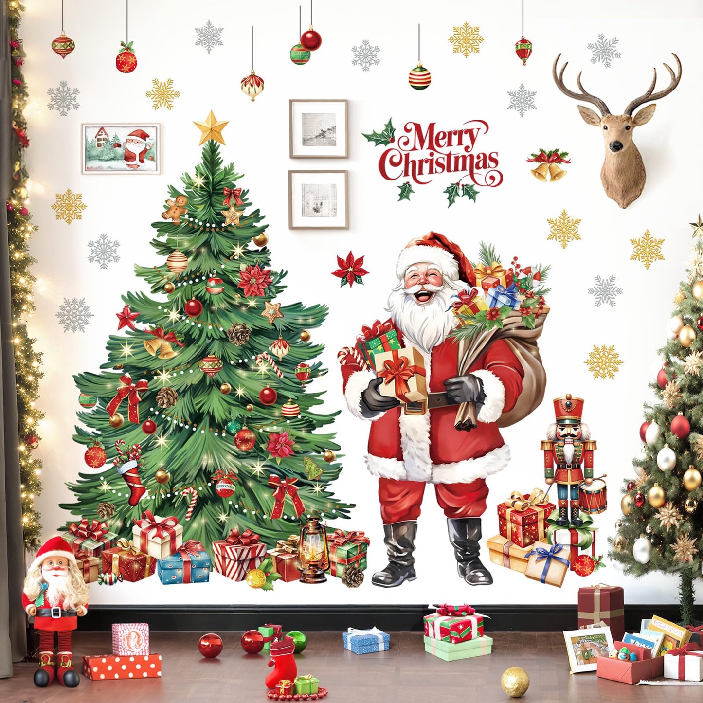 decalmile Extra Large Christmas Tree Window Wall Decals Santa Claus Wall Stickers Xmas Tree Snowflakes Window Clings Christmas Party Door Home Wall Decorations(XXL)