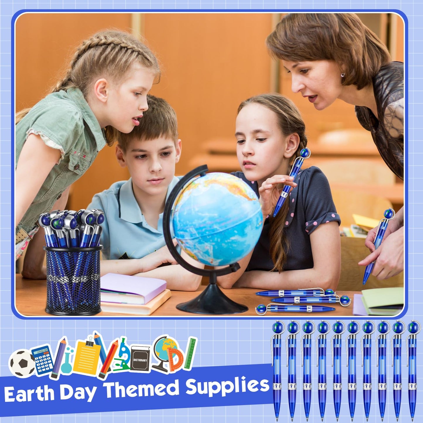 Dianelhall 24 Pcs Earth Day Pens Bulk Novelty Tellurion Shape Black Ink World Retractable Ballpoint Pens Earth Day Gift for Adults Accessories Office Decoration(Blue and Silver)