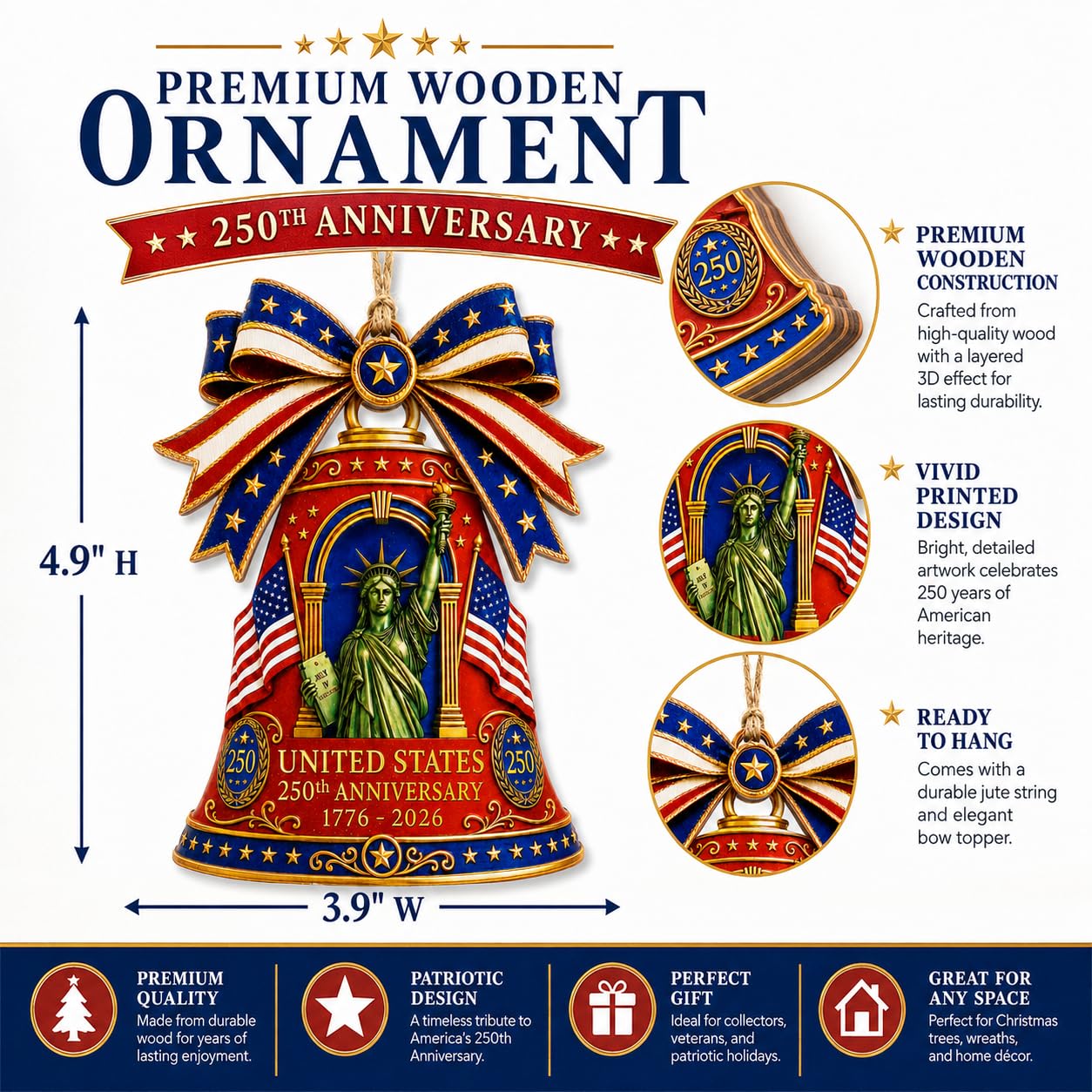 Red Wooden Liberty Bell 250 Anniversary USA Ornament, USA 250th Anniversary Merchandise, Fourth of July Decorations, Patriotic Decor, USA 250th Anniversary 4th of July Gifts, USA 250th Birthday Gifts