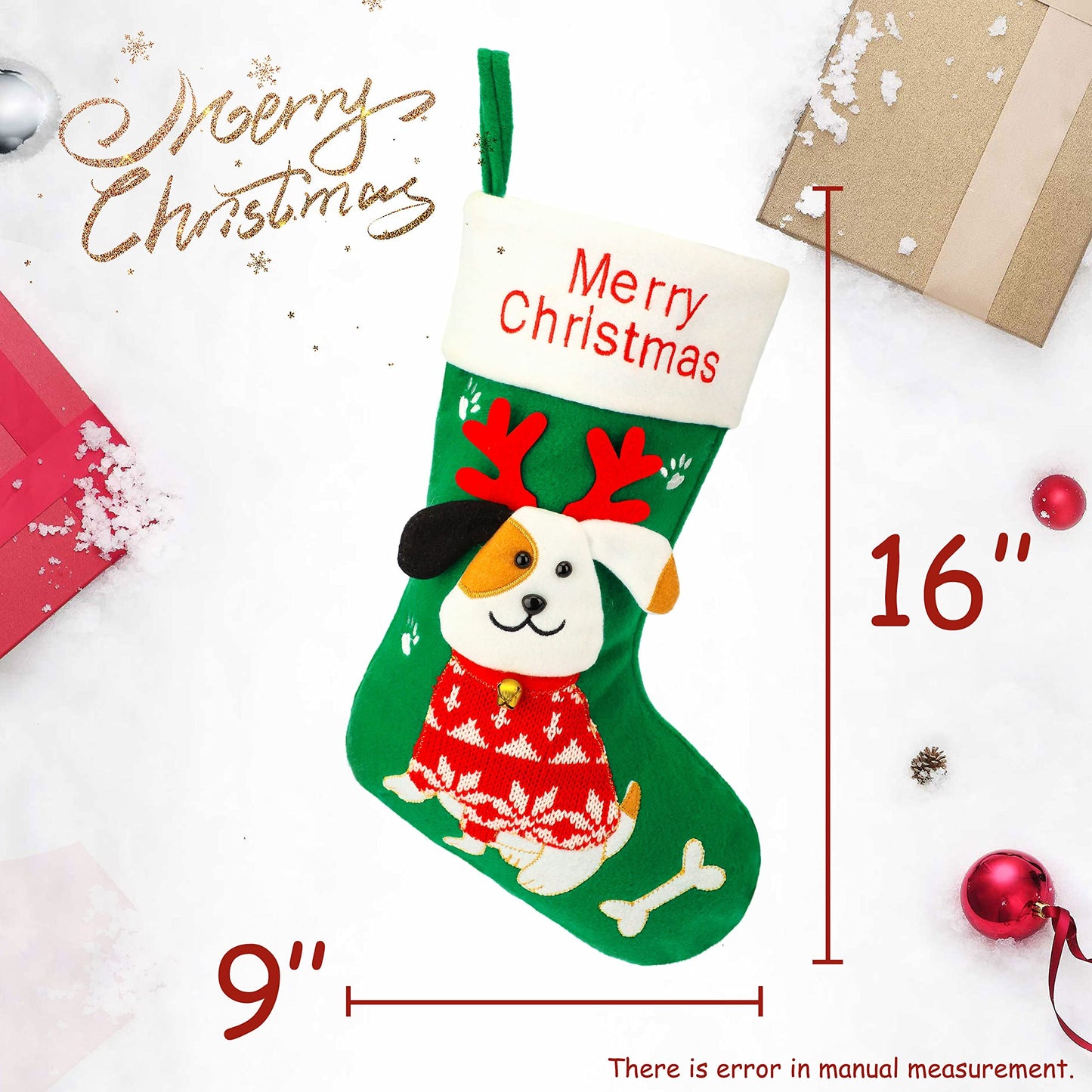 Hopearl 16'' Dog Christmas Stocking 3D Pet Holder Puppy Ornament Gifts Bags for Pets Decoration Holiday Party Supply Seasonal Ornament, Green