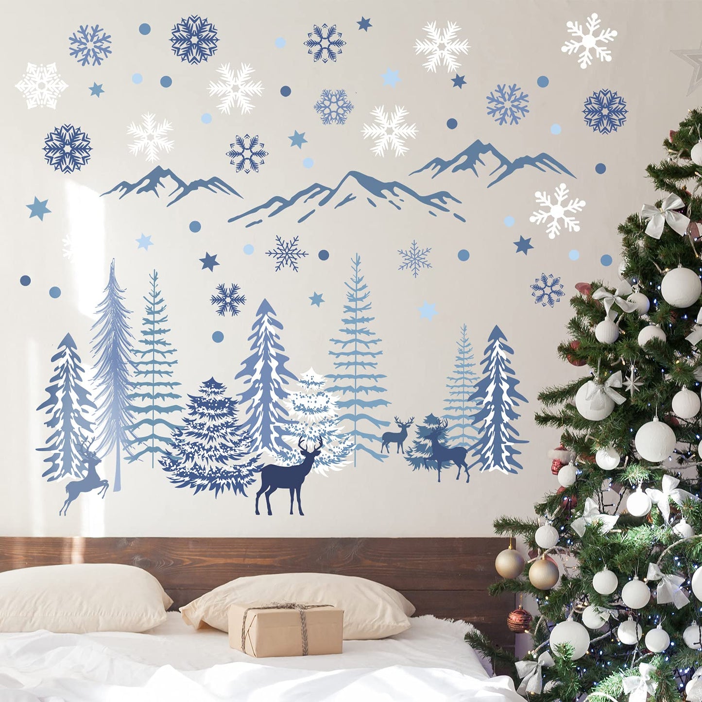 Teling 8 Pieces Winter Snowflake Wall Decals Stickers Dreamy Nursery Forest Woodland Trees Deer Pine Tree Wall Decals for Kids Room Winter Decor(Blue, White, Gray)