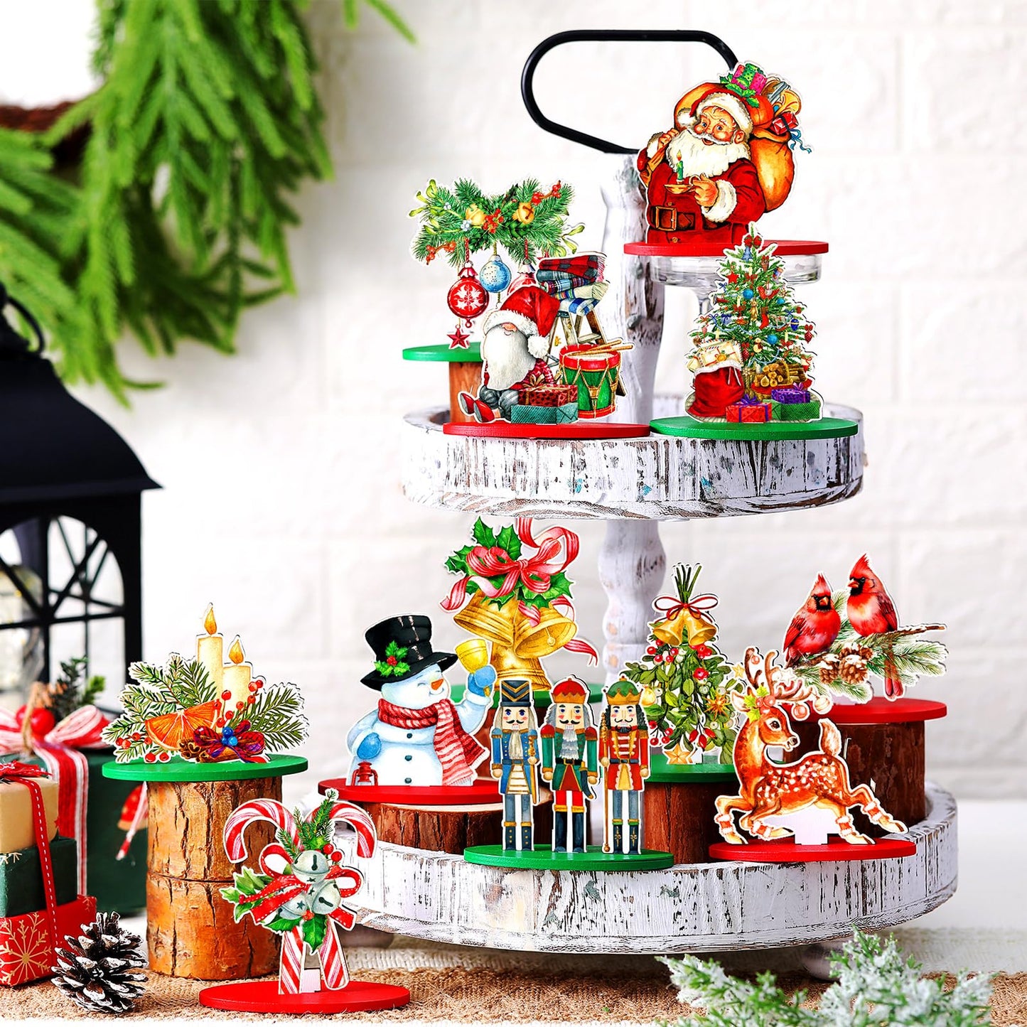 Yousoontic 12 Pcs Christmas Wooden Table Centerpieces Decorations Santa Claus Snowman Pine Tree Elk Nutcracker Wooden Signs Tabletop Centerpieces Home Decor for Xmas Holiday (Wonderful Christmas)