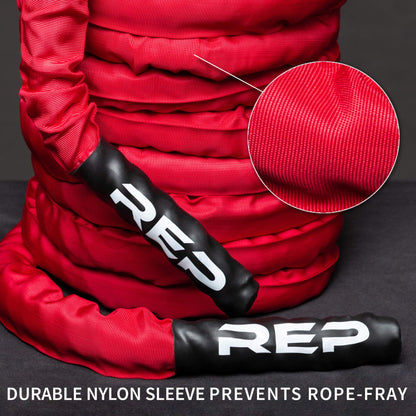 REP Battle Ropes - PolyDacron Battle Rope for Strength and Conditioning Workouts – 1.5" and 2" Diameter, 30ft, 40ft, 50ft Lengths with Optional Cover Sleeve (Red with Sleeve, 1.5 x 50 ft)