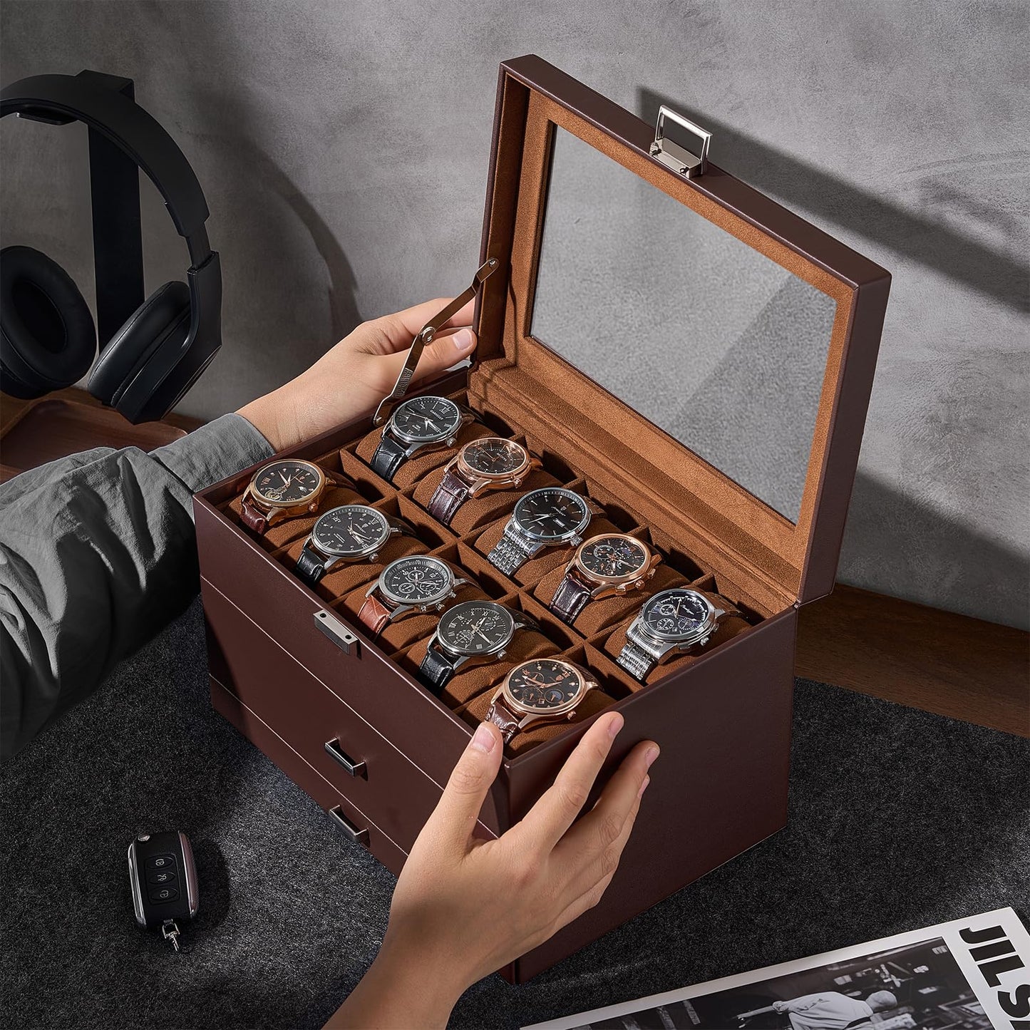 ProCase 20 Slot Watch Box for Men, 3-Layer Watch Display Case with Glass Lid, Watch Holder with Drawer, Jewelry Storage Organizer for Watches Straps Rings, Fathers Day Gift -Brown
