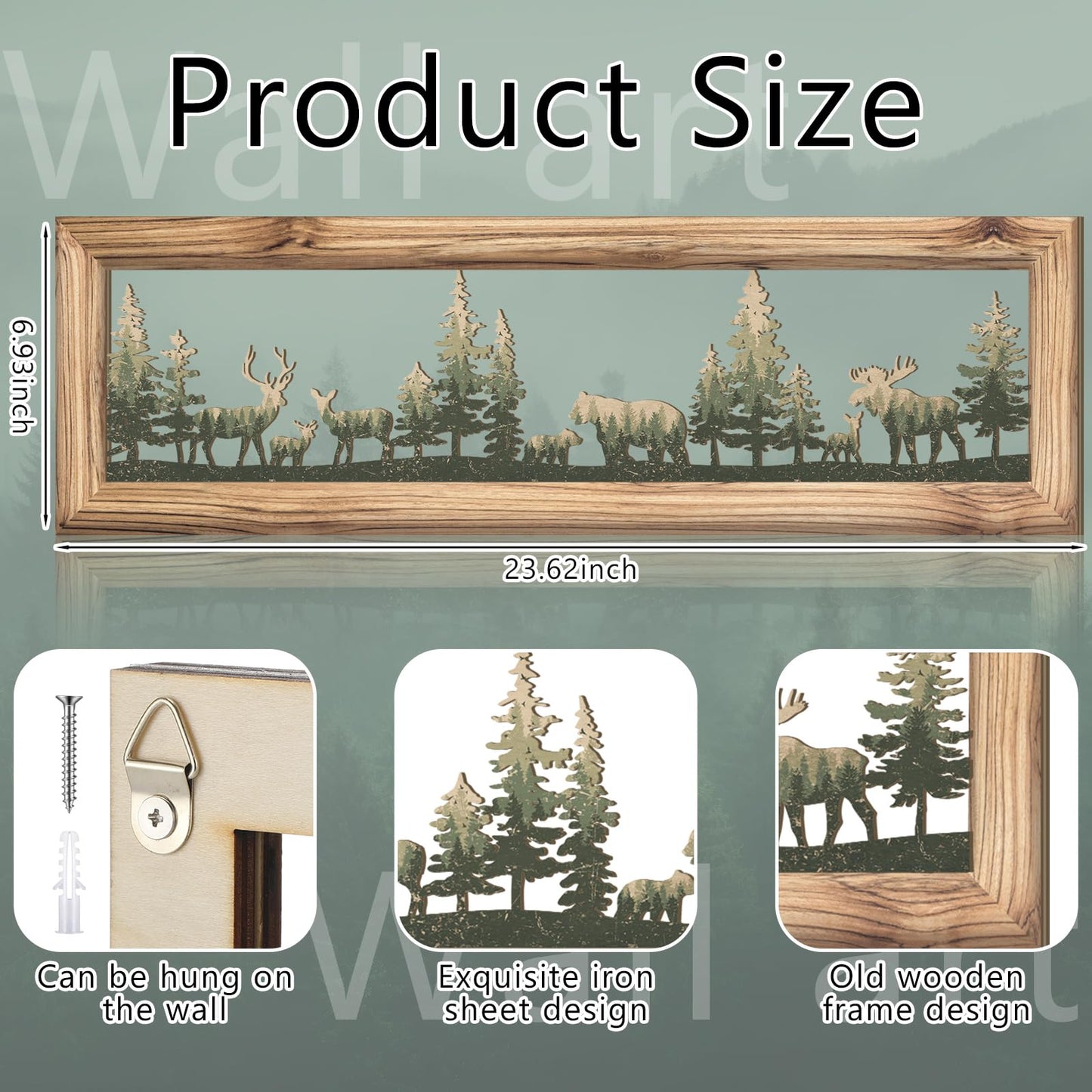 Wesiti Woodland Wildlife Wall Art 23.6 Inch Wood Frame Metal Rustic Forest Animal Wall Decor Farmhouse Lodge Cabin Picture Art Decor for Home Bedroom Living Room