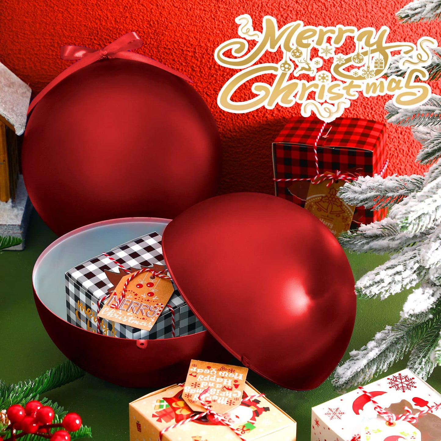 Weysat 2 Pcs 8 Inch Extra Large Fillable Christmas Ball Ornaments Giant Matte Red Plastic Christmas Tree Ornaments Balls with Hanging Ribbons for Outside Lawn Yard Tree Decorations