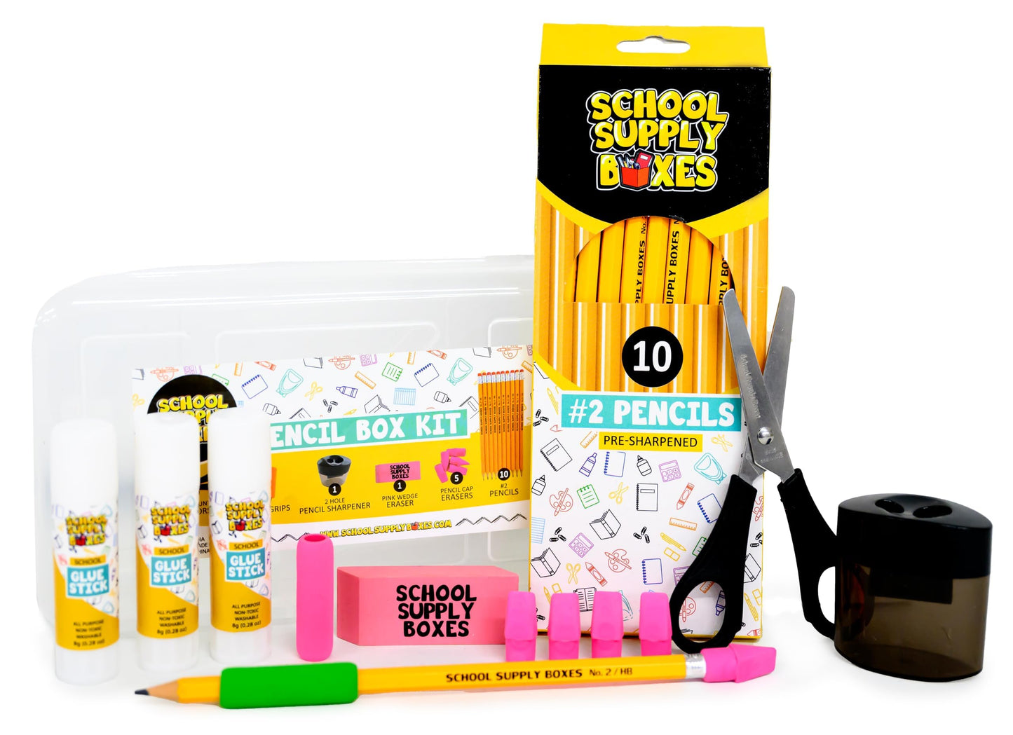 Back to School Supply Box Grades K-5 - School Supply Boxes - 32 Piece School Supplies Kit Includes Markers, Crayons, Pencils, Scissors, Folders, Glue Sticks, Notebook, and Composition Book