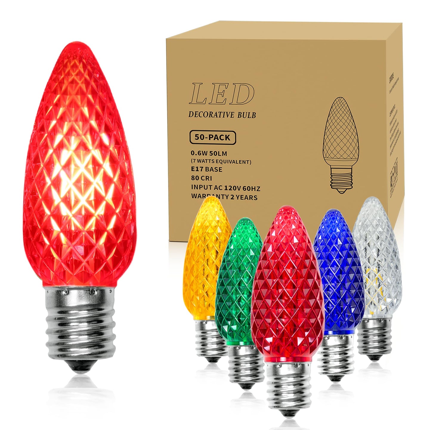 EMYMLITE 50 Pack Multicolor C9 LED Christmas Light Bulbs, Waterproof E17 Base Bulbs, Commercial Grade C9 LED Outdoor Christmas Bulb for Roof House String Lights.