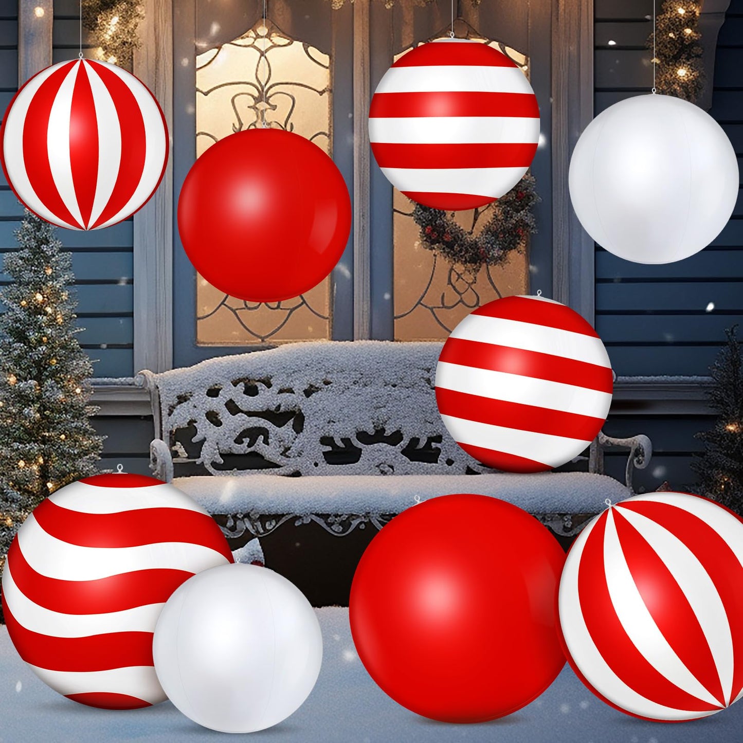 Jetec 12 Pcs 24 Inch 16 Inch Giant Inflatable Christmas Balls Ornaments Large PVC Inflatable Ball Decorations for Xmas Tree Holiday Yard Lawn Porch Outdoor(Red, White,Classic Candy Cane)