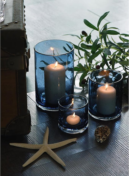 ARIAMOTION Blue Candle Holder for Pillar Set 3 Modern Glass Bubbles Hurricane Cylinder Vases Table centerpieces Home Decor Tabletop Kitchen Island Dining Room Coffee Bar 8" 5" 3.5" Height