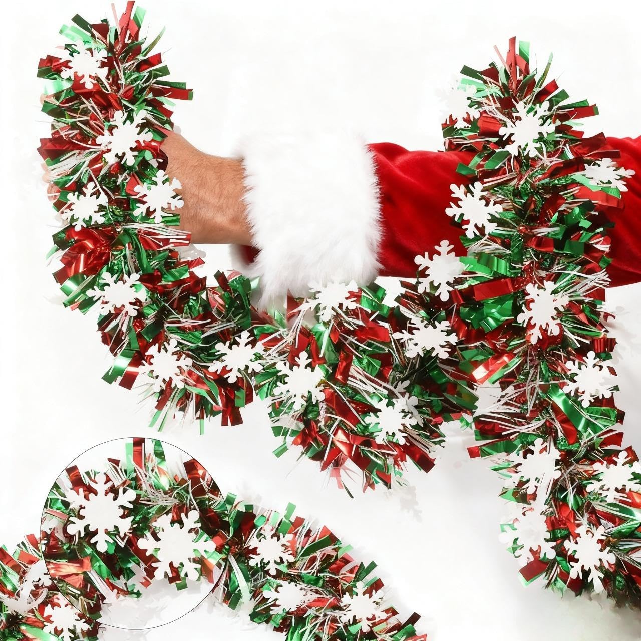 32.8Ft Christmas Snowflake Tinsel Garland, Red Silver Green with Snow Flake Chunky Glittery Holiday Hanging Tinsel Decorations for Christmas Tree (394, Inches, Christmas Snowflake Tinsel Garland)