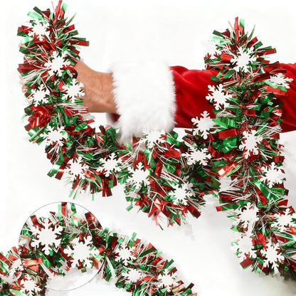 32.8Ft Christmas Snowflake Tinsel Garland, Red Silver Green with Snow Flake Chunky Glittery Holiday Hanging Tinsel Decorations for Christmas Tree (394, Inches, Christmas Snowflake Tinsel Garland)