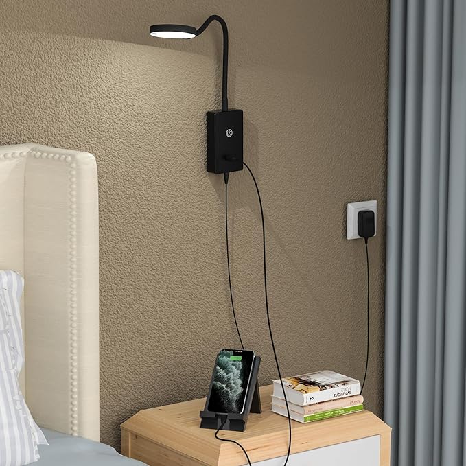 Touch Dimmable LED Wall Mounted Bedside Reading Light, Black Flexible LED Wall Reading Lamp for Nightstand in Bedroom, 120° Wide Angle Neutral White Lighting, with 5V2A USB Output Port