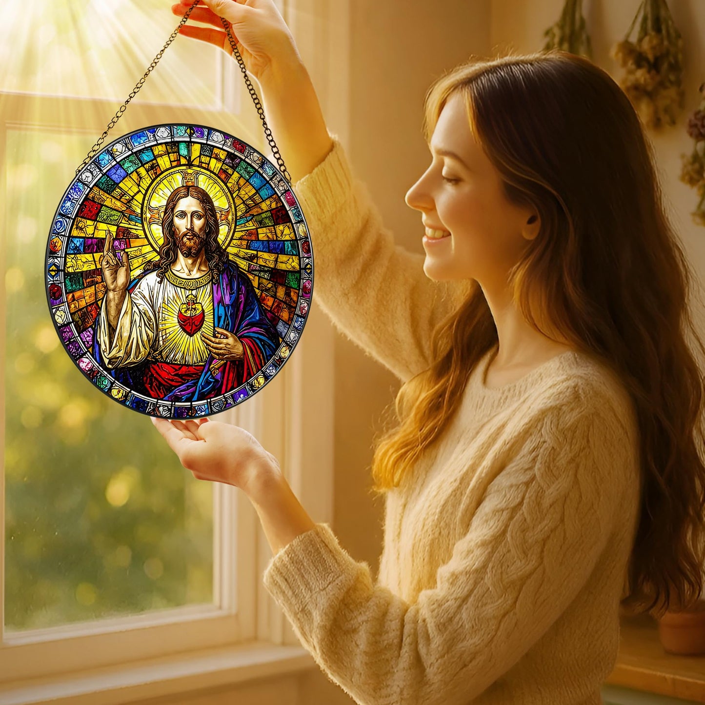 LAOWEIKI 8'' Sacred Heart of Jesus Stained Glass Suncatcher, Stained Glass Window Hanging, Religious Ornament, Christian Home Decor, Gifts for Christmas, Christian Gift, Religious Gift