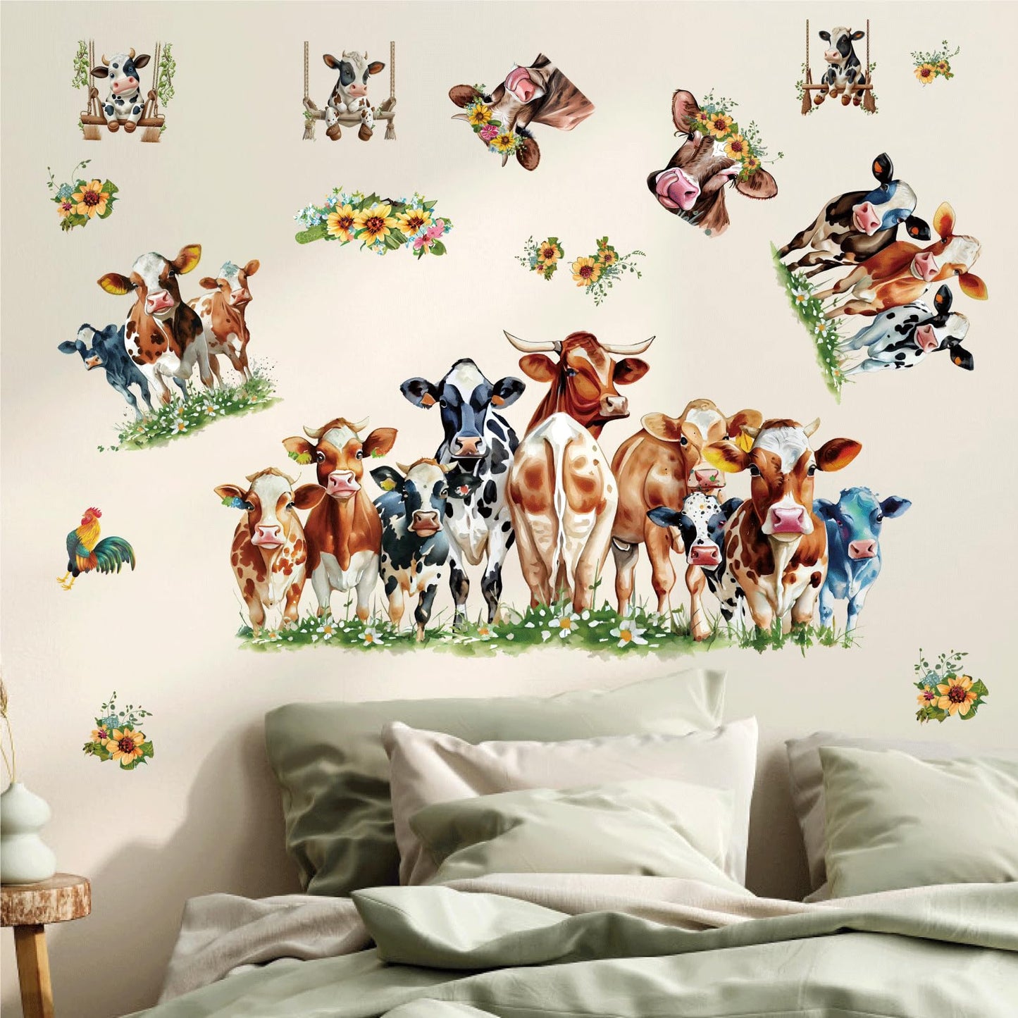 Funny Cow Wall Stickers Cute Cow Window Stickers Farm Animal Wall Decals Peel and Stick Sunflower Cattle Cow Print Window Decals Clings Farmhouse Wall Stickers for Kitchen Bedroom Decor