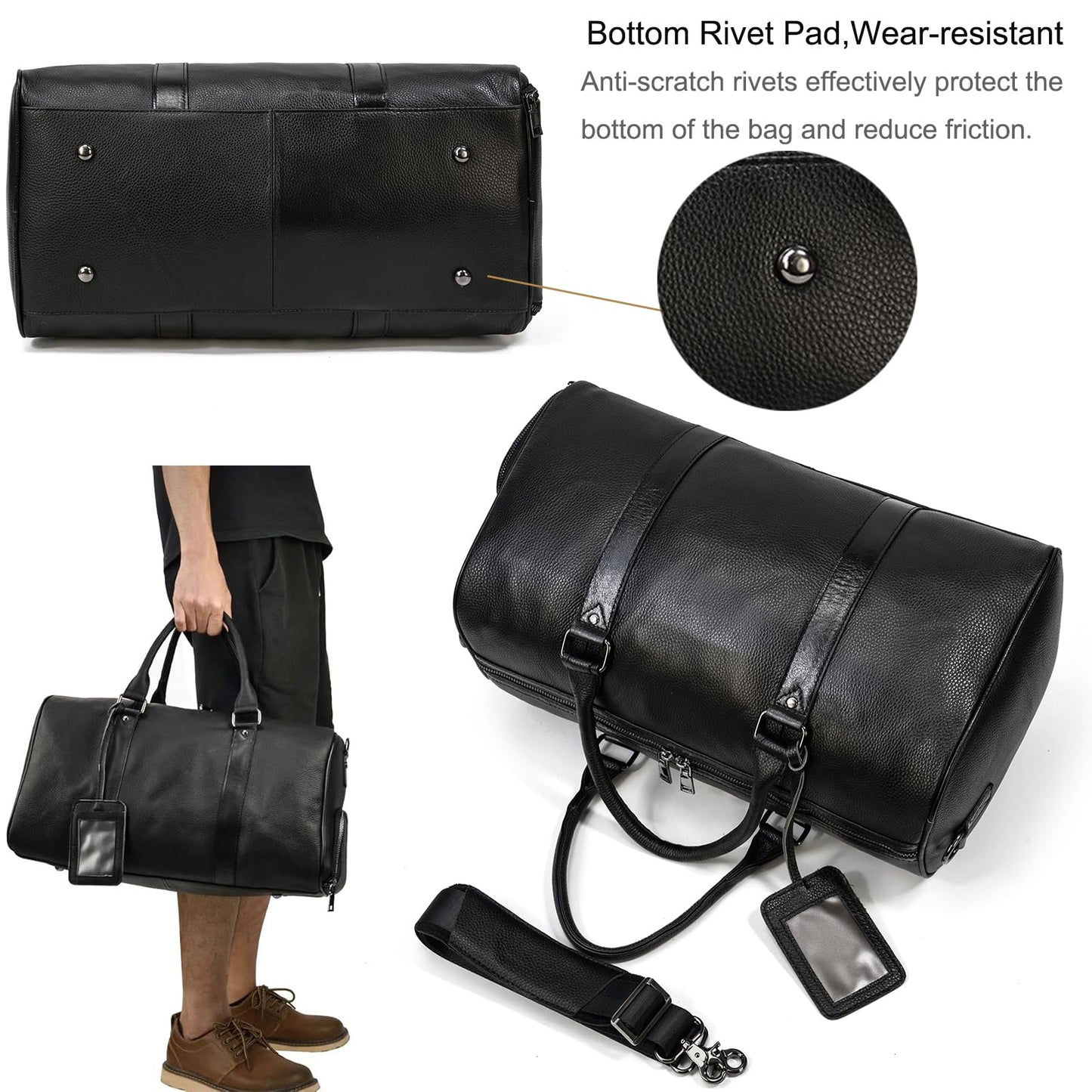 LUUFAN Leather Travel Bag for Men Large Capacity Luggage Duffel Bag with Shoe Compartment, Weekend Handbag for Holiday Business Trip 45cm, Black