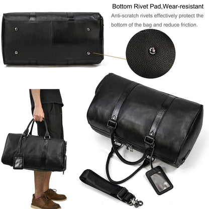 LUUFAN Leather Travel Bag for Men Large Capacity Luggage Duffel Bag with Shoe Compartment, Weekend Handbag for Holiday Business Trip 45cm, Black