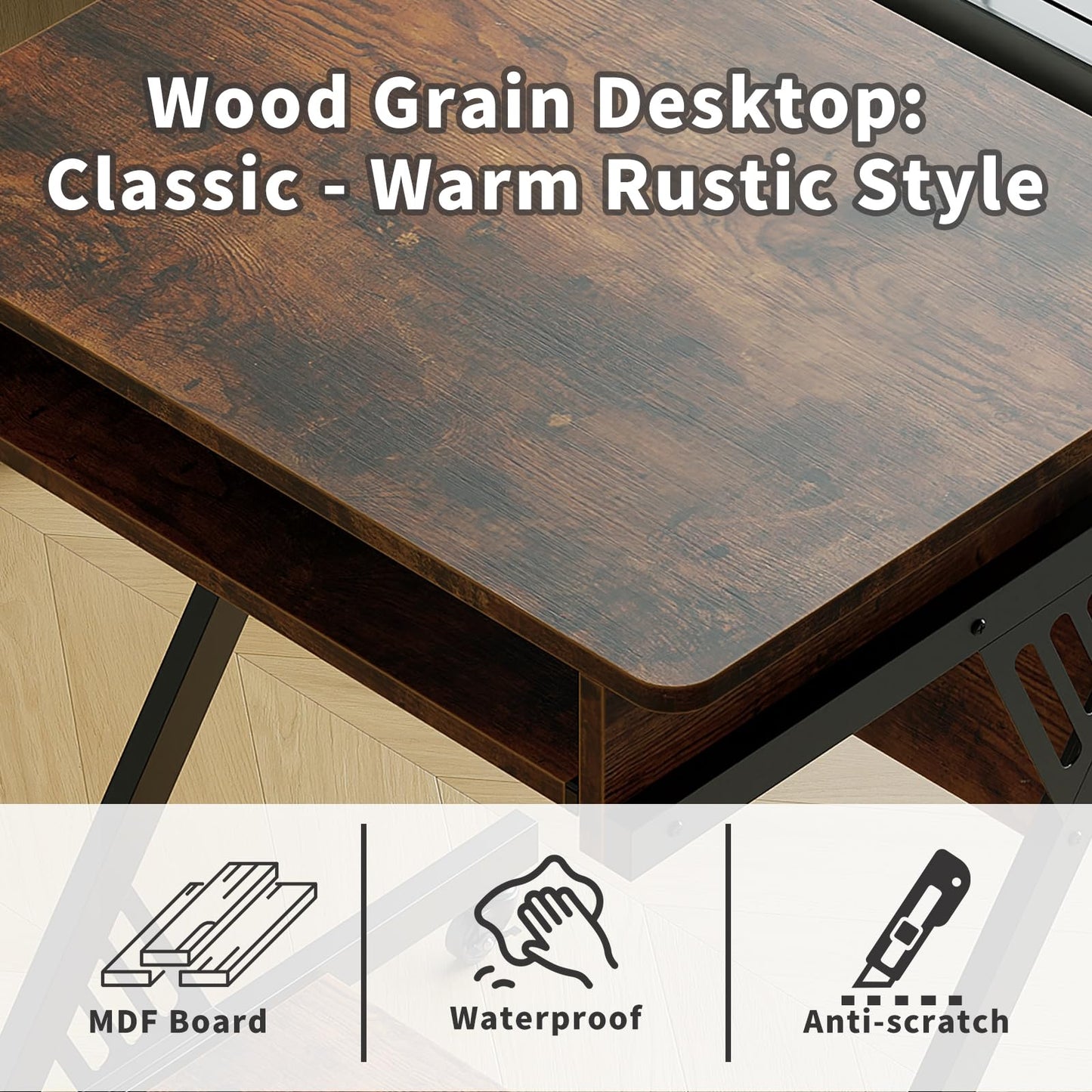 ALISENED Computer Desk for Small Spaces, 23.6" Z-Shaped Compact Study Table with Smooth Keyboard Tray with Wheels and Bottom Shelves for Home Office, Computer Cart Mobile Laptop Cart, Rustic Brown