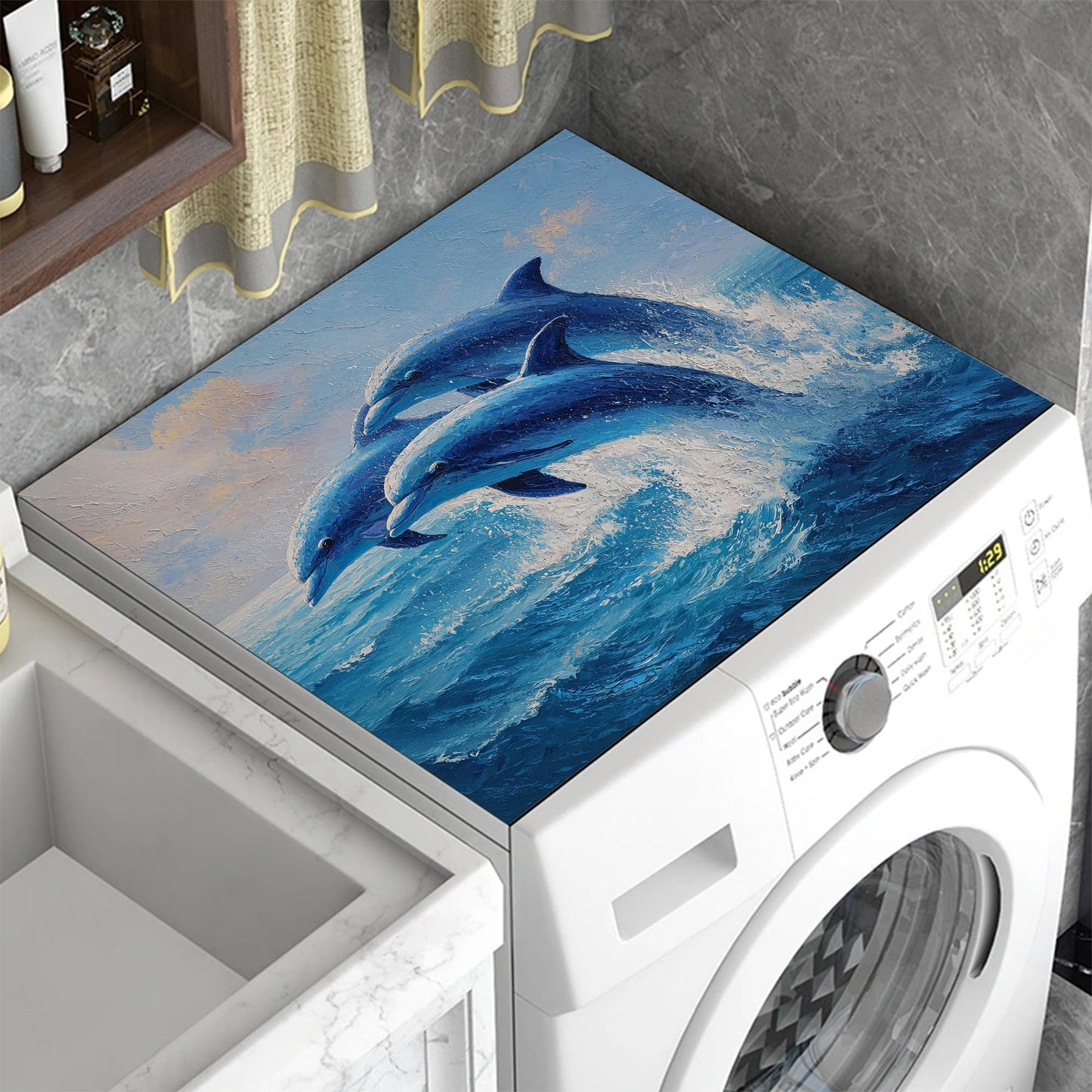 Blue Jumping Dolphins Washer and Dryer Covers for the Top,Washing Machine Dust Cover Pad Anti-slip Absorbent Protector Mat for Washer Dryer Home Decor,23.6"x19.7"