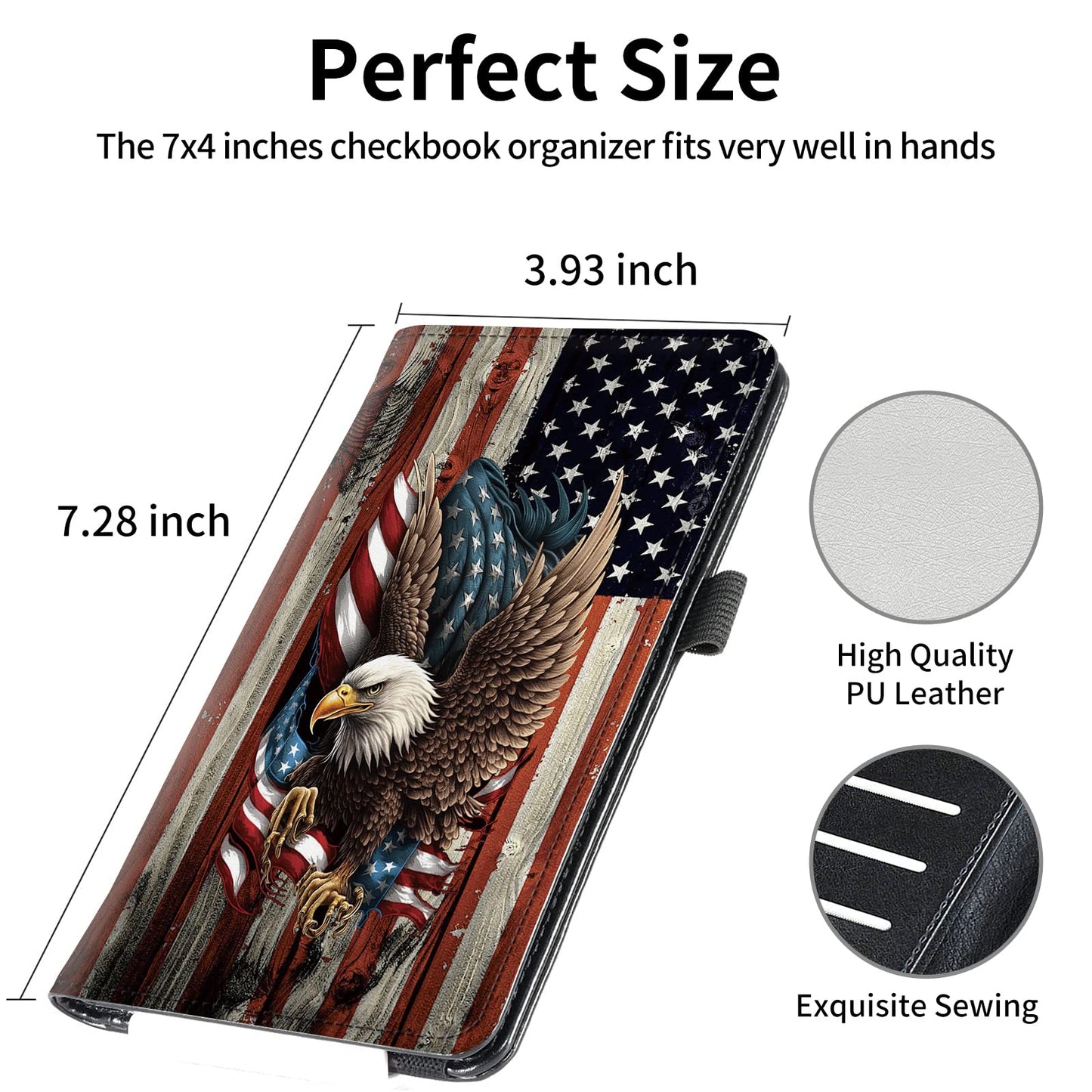 FUYOCWE Leather Checkbook Cover for Men Women Check book Holder Cover Wallets for Personal Checkbook Checks with RFID Blocking & Elastic Strap-Bald Eagle with Flag
