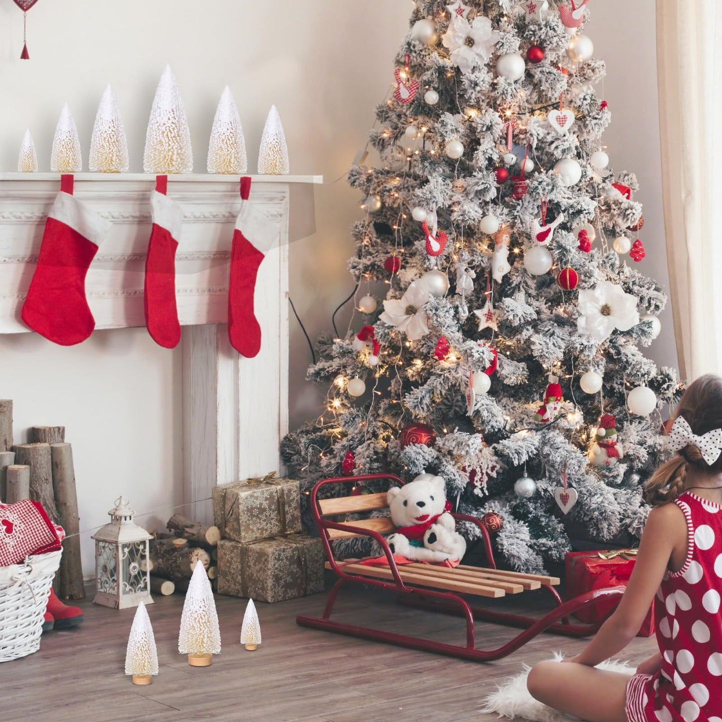 Leyndo 9 Pcs White Snow Flocked Artificial Mini Christmas Tree Sisal Bottle Brush Trees with Wood Base Christmas Pine Trees for Autumn Winter Holiday Kitchen Home Party Decor
