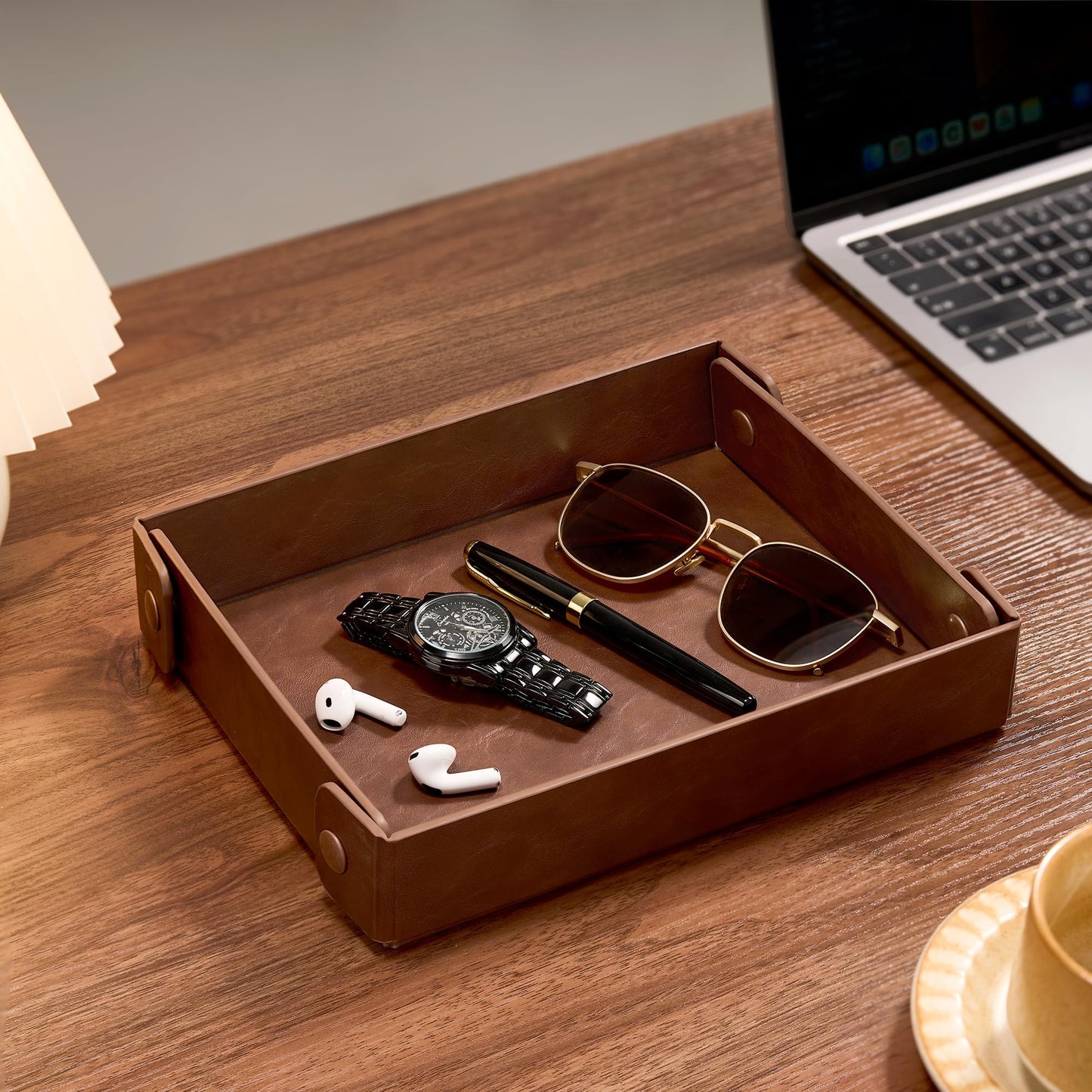 Josmimic Catch All Valet Tray - EDC Organizer for Key, Wallet, Watch, Jewelry, Phone, coin change | Faux Leather Storage Tray for Dresser, Nightstand, Desk, Entryway, Travel Storage | Brown