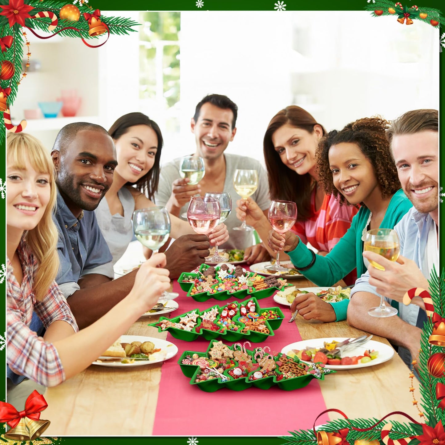 SiliFine Christmas Tree Shaped Serving Tray Divided Plastic Charcuterie Serving Plates Dishes with Compartments Xmas Party Decorations for Snacks Desserts Holiday Xmas Gift(10.2'', Green)