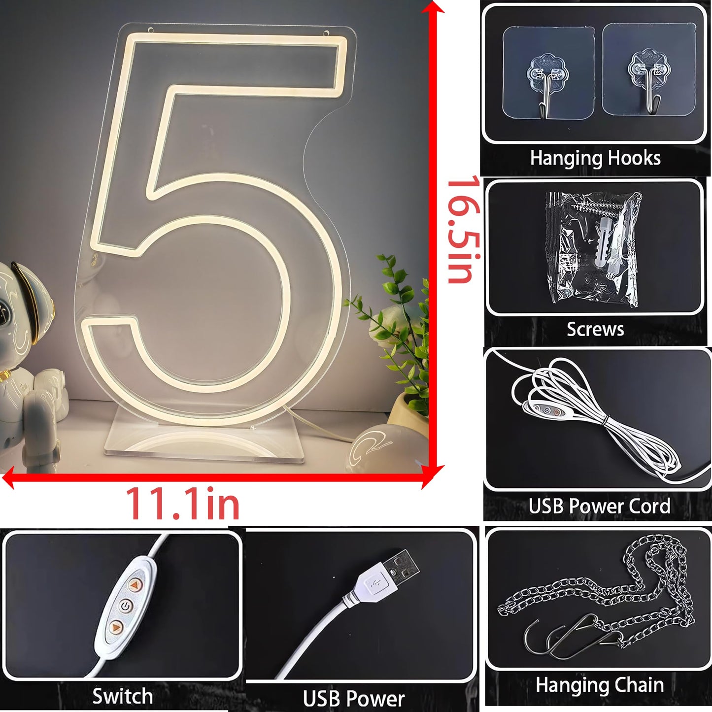 Neon Signs Number 5 Birthdays Decor Neon Lights Party USB Plus Battery Case Light up your baby's birthday with our Neon Number Five Sign (Number 5-Warm White)