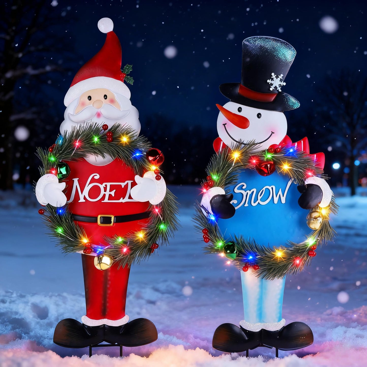 Stentec Lighted Christmas Decorations Outdoor, 2 Pack 30" Height Santa & Snowman Xmas Yard Signs Metal Garden Stakes with LED Lights, Battery Powered for Holiday New Year Winter Walkway Patio Lawn