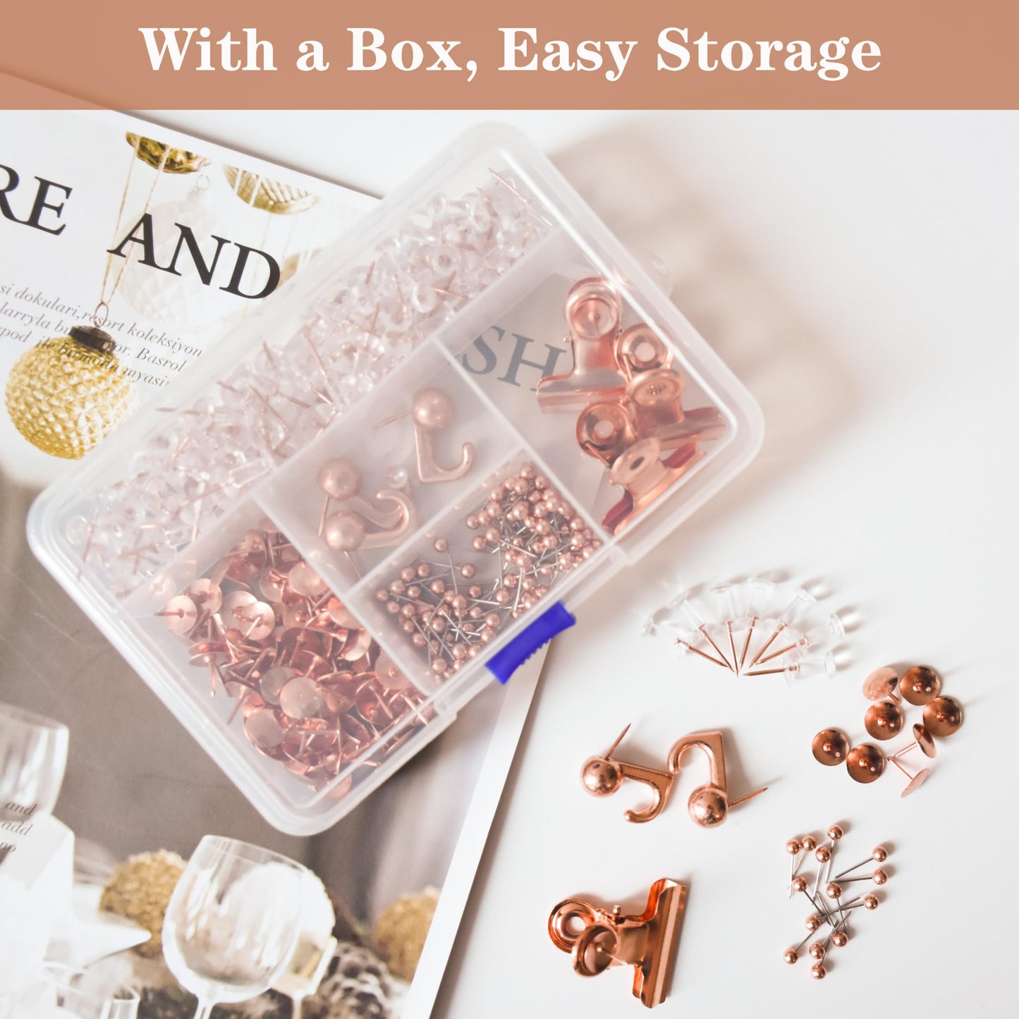 310 Piece Rose Gold Push Pin Set with 5 Styles - Decorative Thumb Tacks, Map Tacks, Clips & Hooks for Bulletin Boards, Office & Home Organization - Durable Plastic Storage Box Included（Rose Gold）