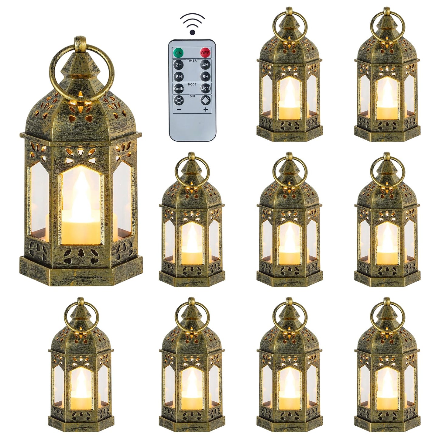 Hewory Mini Lanterns with Remote Control: Set of 10 Gold Decorative Lanterns for Centerpeces - Holiday Party Decoration for Wedding, Ramadan, Diwali, Halloween, Christmas