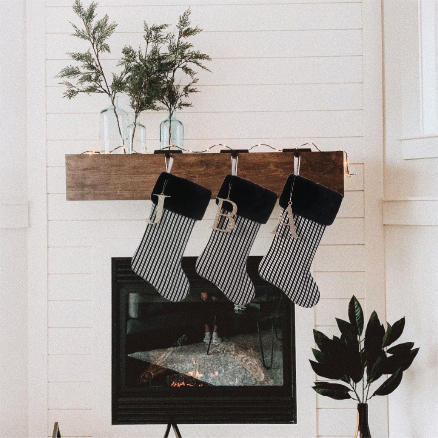 JKSVE 20 Inch Black Vertical Stripe Christmas Stocking, Personalized Gold Wooden Initial Monogram Christmas Stocking,Christmas＆Halloween Holiday Party Decor（I）