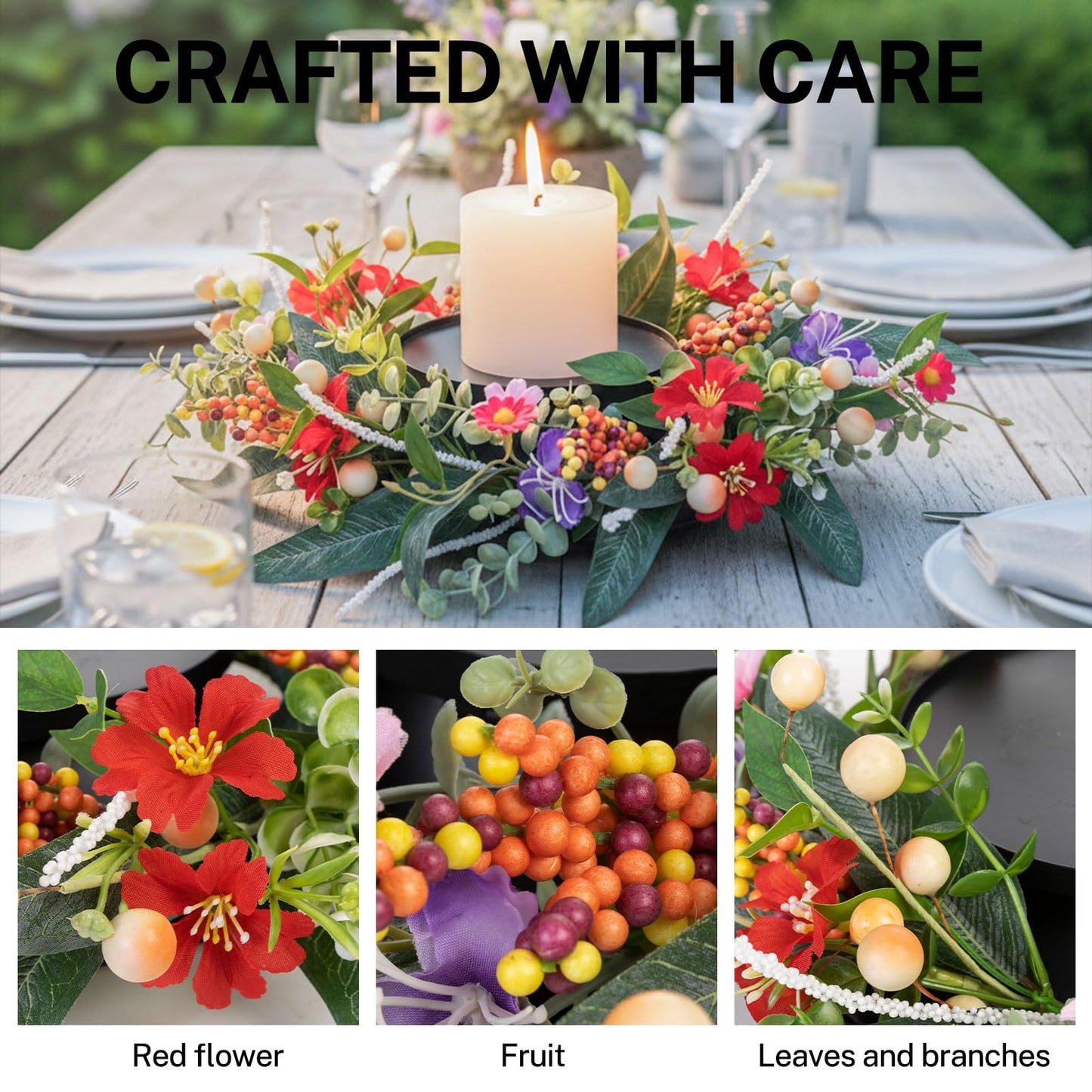 MOYEE Summer Centerpieces for Tables Wreath with Candle Holder,Candle Ring, Black Metal Candlestick with an Artificial Wreaths 14 in Versatile Dining Table Centrepiece (Red Flower Green Leaf Wreath)