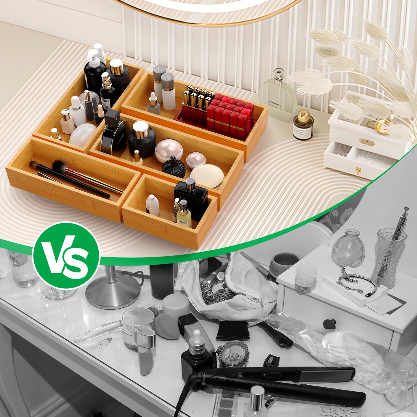 Bayting Bamboo Drawer Organizer Set, 5-Piece Storage Trays for Kitchen, Bathroom, Office Desk, Makeup & Junk Drawers,Utensils