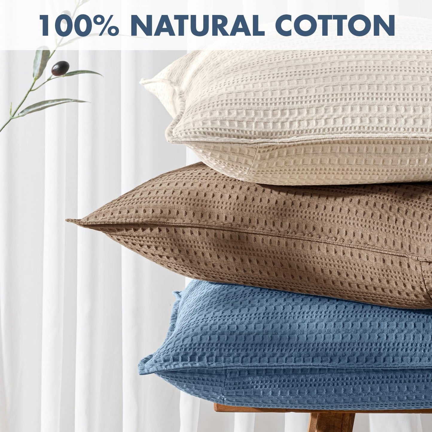 Woaboy Set of 2 Decorative 100% Cotton Waffle Throw Pillow Covers 18x18, Neutral Coastal Euro Shams Weave European Cushion Cases for Couch Sofa Bed Modern Farmhouse Home Decor, Blue