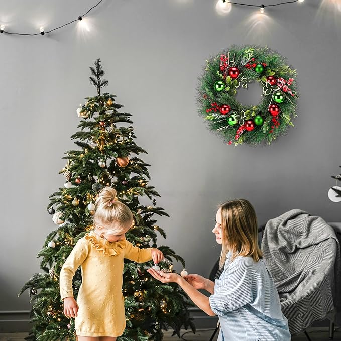 Christmas Wreath, 24inch Christmas Wreaths for Front Door, Artificial Wreaths with Wreath Hanger, Autumn and Winter, Indoors,Outdoors, corridors, Offices. (Green)