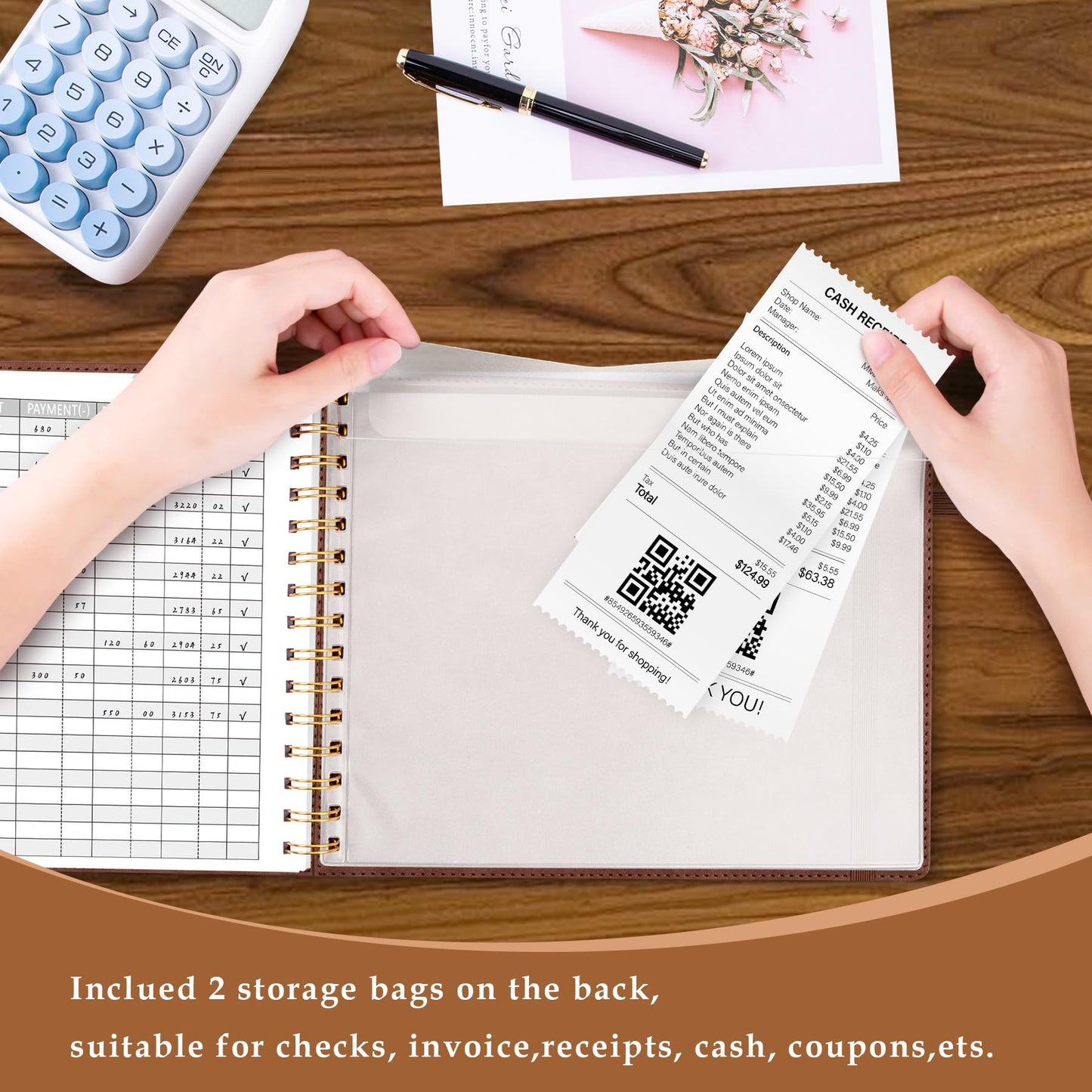 AKONEGE Accounting Ledger Book for Personal & Small Business Bookkeeping, Horizontal Income and Expense Tracker Notebook with Calendar, Hardcover Columnar Log Journal 10.78'' x 8'', Brown