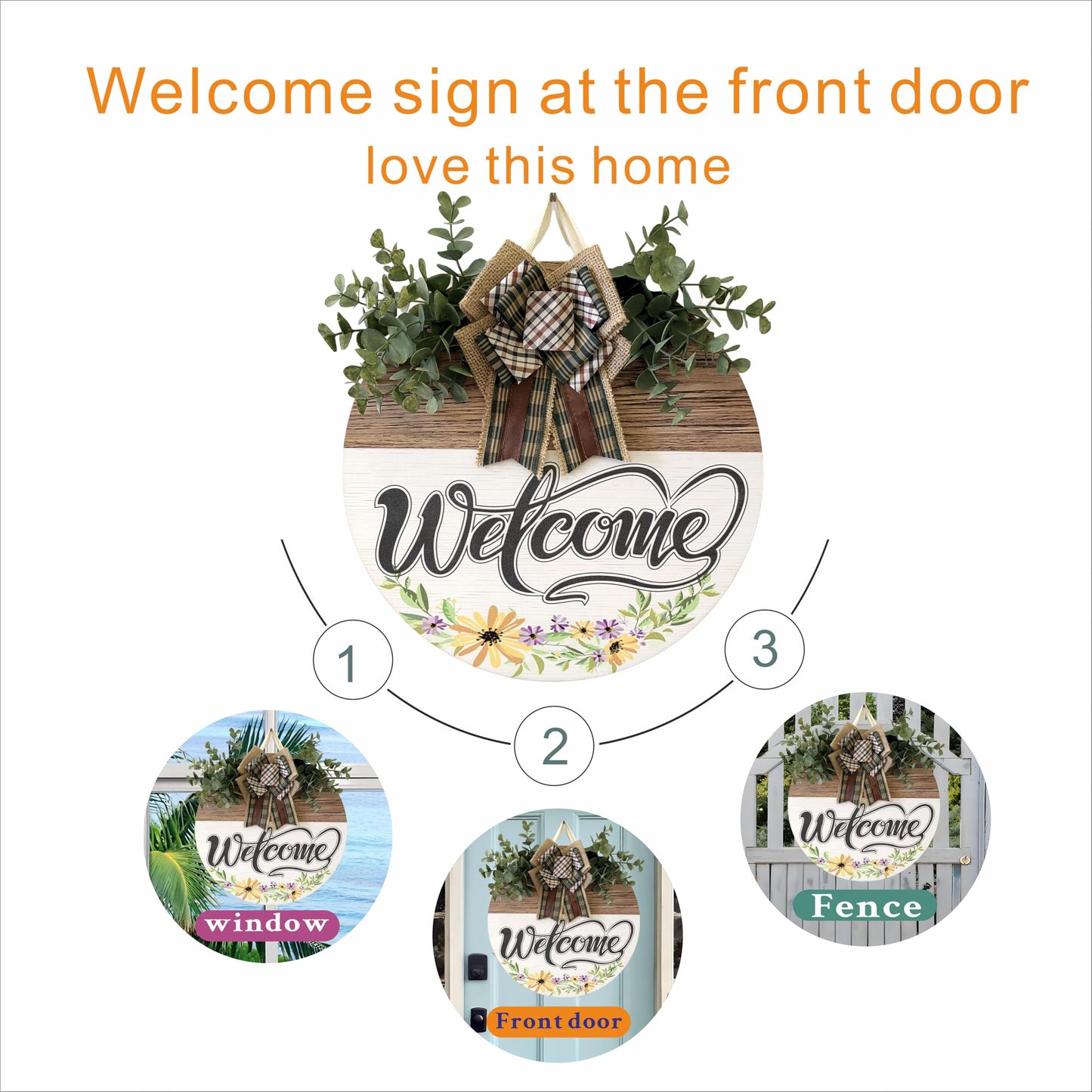 Welcome Sign Front Door Decoration 12 Inch Round Wood Wreath Wall Hanging Outdoor, Farmhouse, Porch, Suitable for Spring Summer Fall Seasons Holidays Christmas (Grass Green)