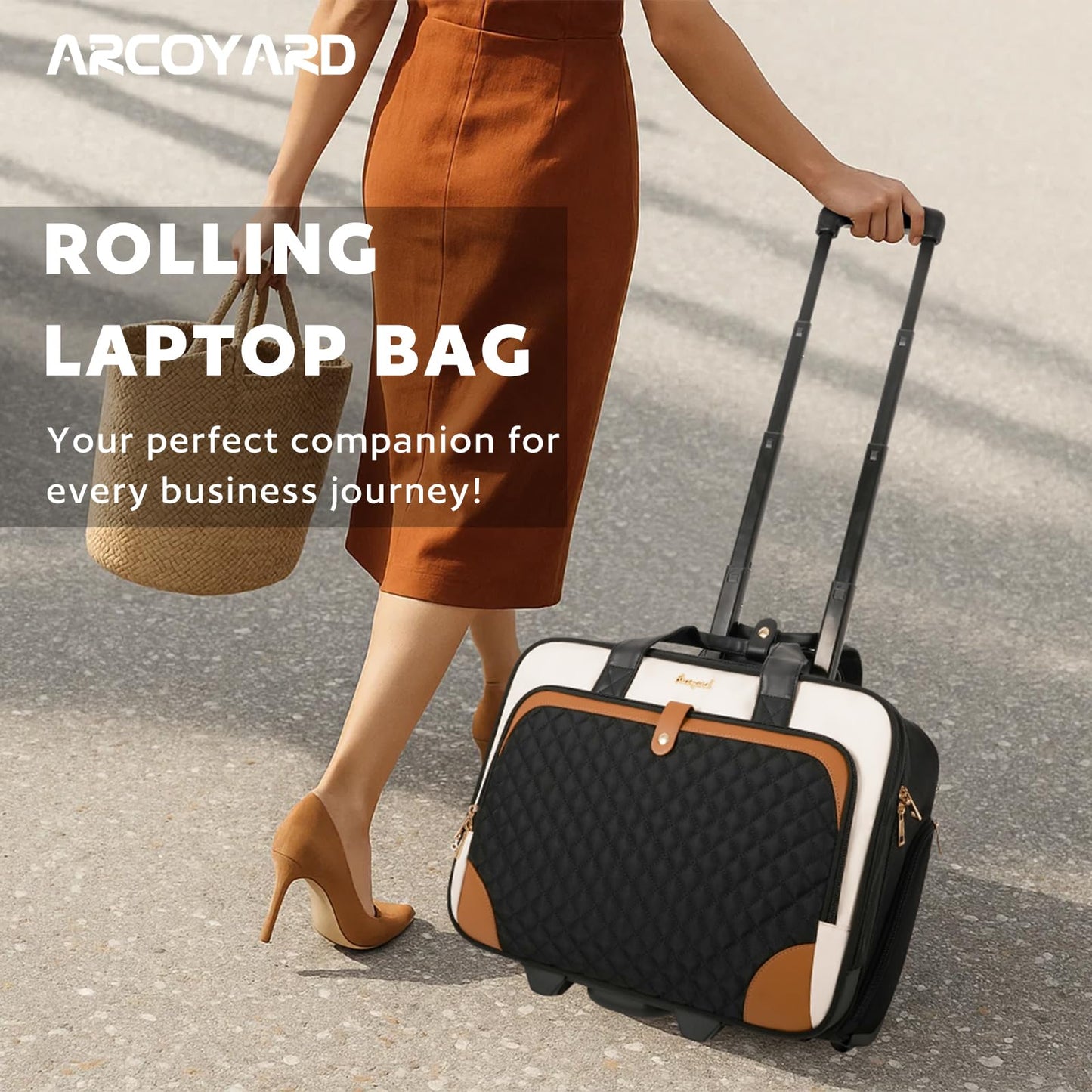 Arcoyard Rolling Laptop Bag, Rolling Briefcase for Women with Waterproof Pocket, 16 Inch Computer Bag, Underseat Carry On Luggage with Wheels for Work Travel Business, Lightweight Beige Brown