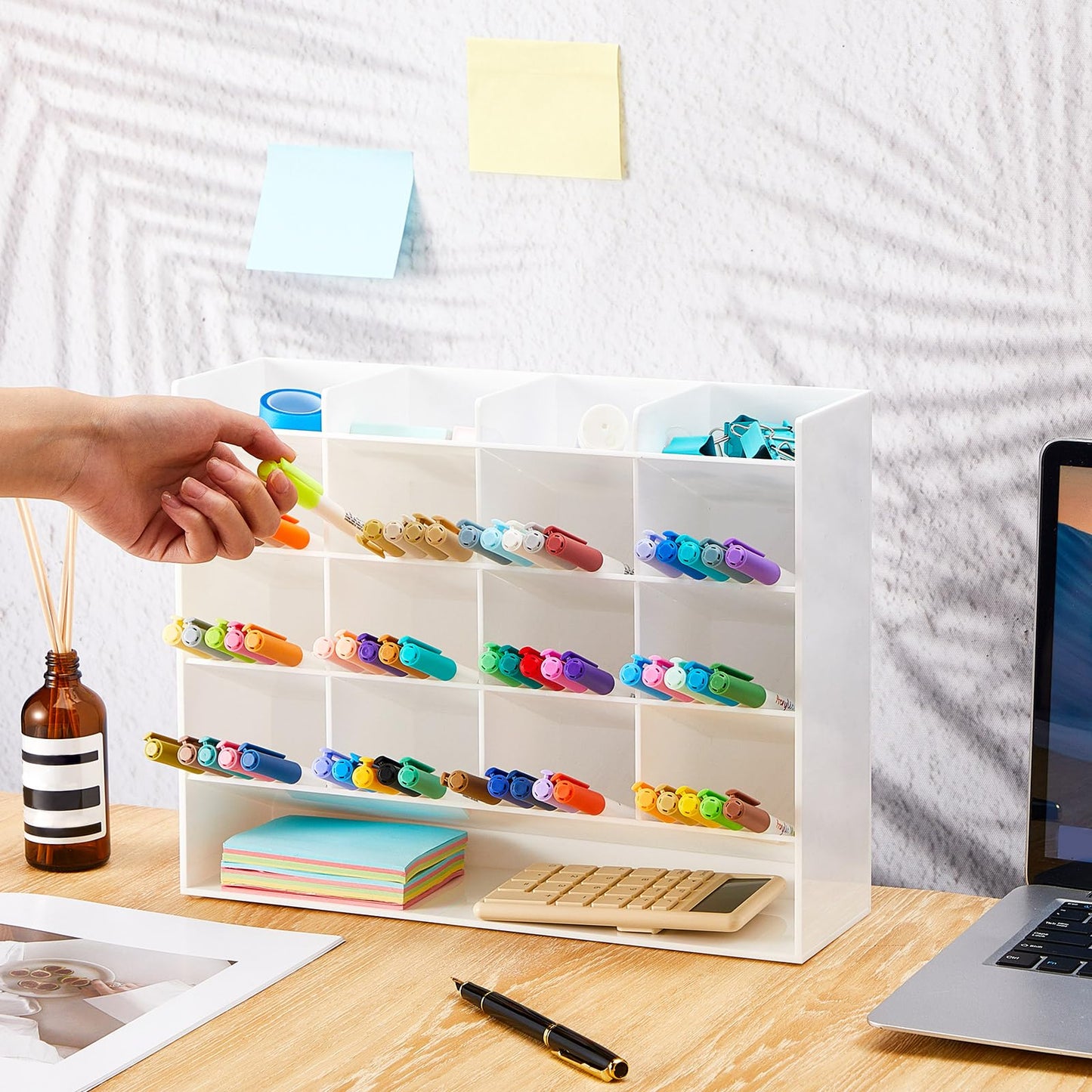 MotiMind Acrylic Pen Organizer Storage for 200 Markers Vertical Marker Organizer Acrylic Pen Display Holder for Office Desk Desktop Stationery Pencil Storage, White, 13 x 4 x 10.2 Inch
