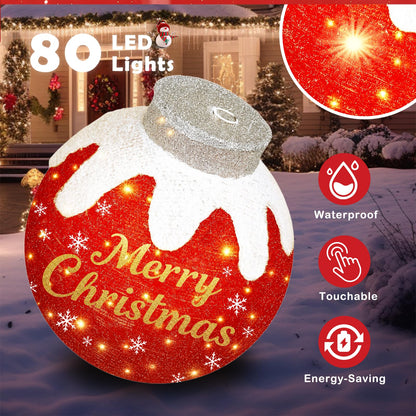 Outdoor Christmas Ball Ornaments, Collapsible Pop-Up Lighted Christmas Decorations with 80 Bright LED Lights, 8 Light Modes, Weatherproof Pre Lit Large Holiday Ball Decor for Yard, Lawn, Home（Red）