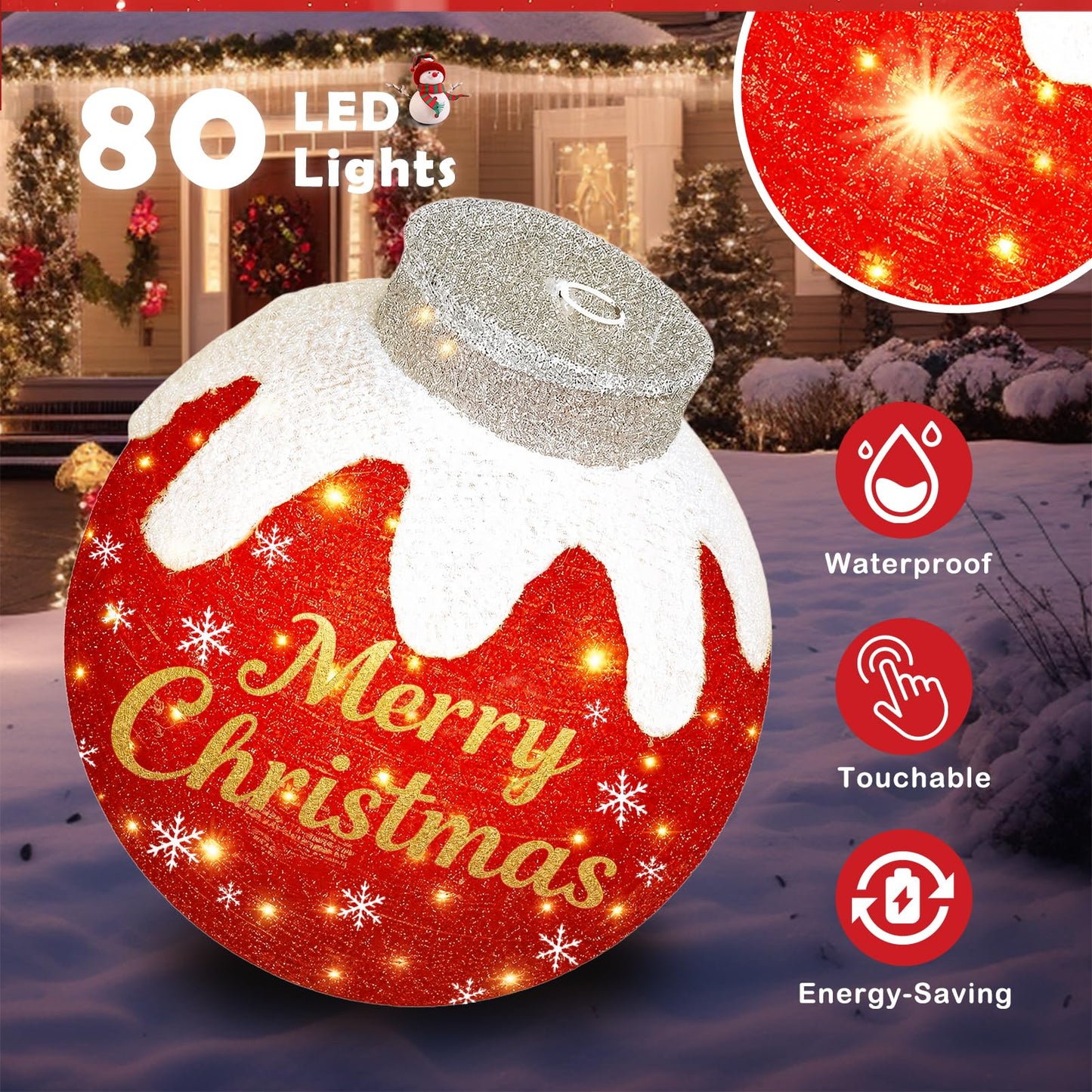 Outdoor Christmas Ball Ornaments, Collapsible Pop-Up Lighted Christmas Decorations with 80 Bright LED Lights, 8 Light Modes, Weatherproof Large Holiday Ball Decor for Yard, Lawn, Home（Red/Green/Beige）