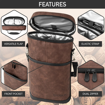 opux 2 Bottle Wine Carrier Tote, Insulated Leakproof Wine Cooler Bag, Wine Travel Bag for Picnic BYOB Beach, Portable Wine Bottle Carrying Case, Gift for Wine Lover Women Men Christmas, Brown Leather