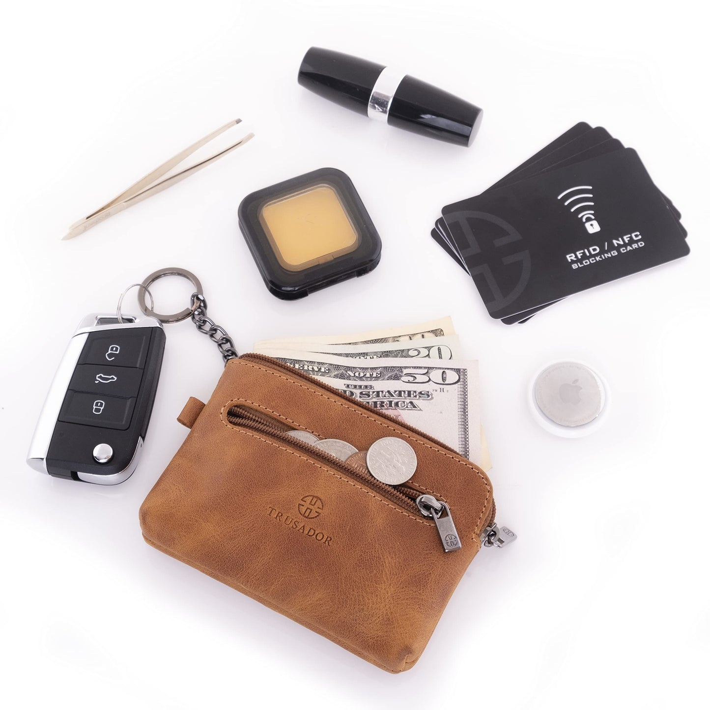 Trusador Milano Unisex Leather Front Pocket Wallet Coin Purse Zipper Pouch with Keychain (Cognac)